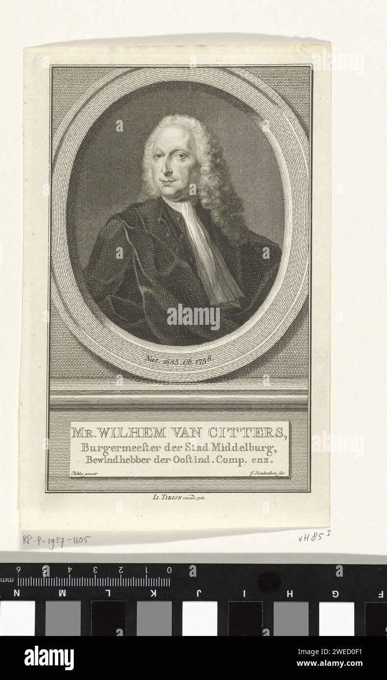 Porträt von Willem van Citters, Jacob Houbraken, nach Jan Palthe, 1760 Druckbüste von Willem van Citters in einem Oval. Das Porträt ruht auf einem Sockel, auf dem sein Name und Titel in drei Zeilen in Niederländisch steht. Amsterdamer Papiergravur/Ätzung Stockfoto