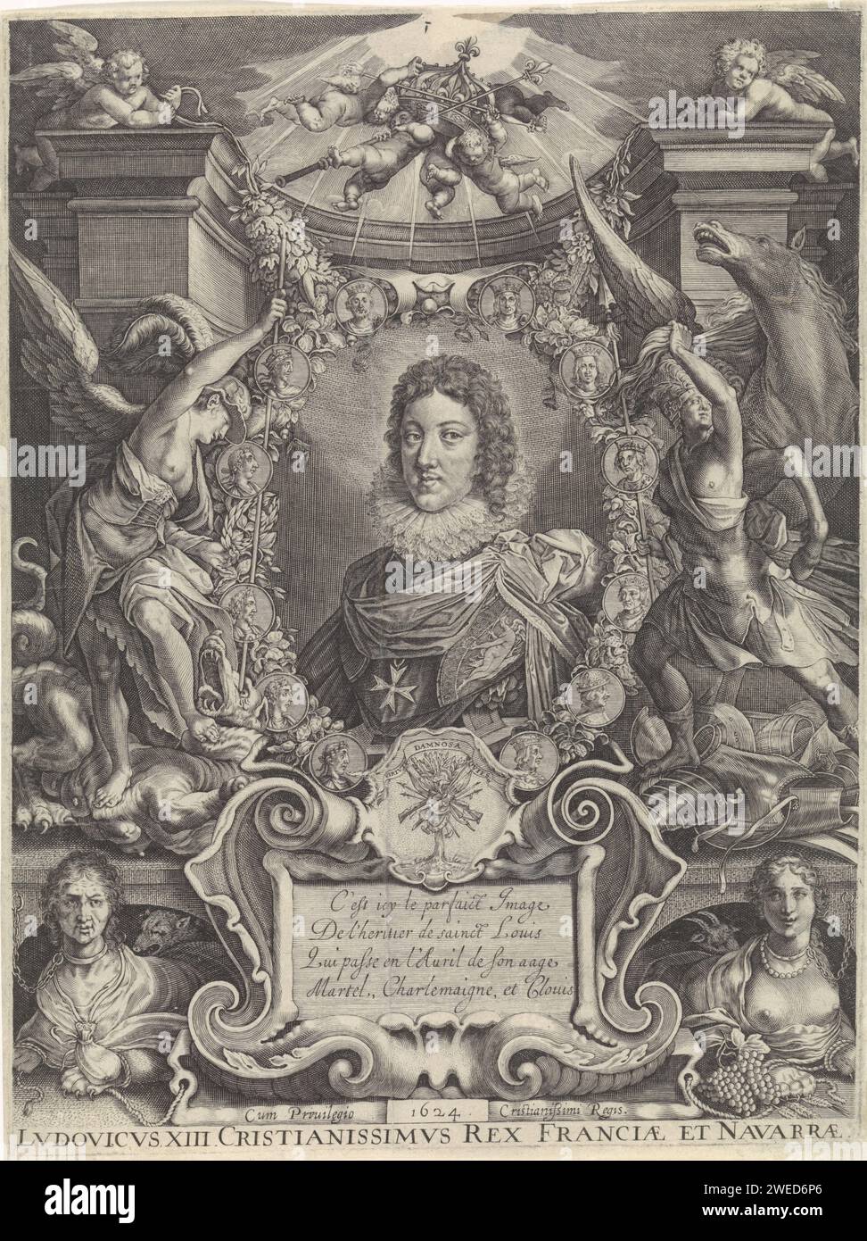 BostePortret von Ludwig XIII., Crispijn van de Passe (II), 1624 gedrucktes Porträt von Ludwig XIII., König von Frankreich. Er trägt eine Ordenskette des Ordens des Heiligen Geistes. Sein Porträt ist in einem Rahmen mit den Porträts seiner Vorgänger eingefangen und sein Wappen mit seinem lateinischen Motto. Flankiert wird das Porträt vom Erzengel Michaël, der mit dem Drachen kämpft, und einem römischen Soldaten, der die Mähne des Pegasus zieht. Ein vierzeiliges Lob auf Französisch in einer Kartusche. Am Rand Name und Funktion der porträtierten Person in lateinischer Sprache. Pariser Papiergravur mit Ritterorden des Heiligen Geistes. Stockfoto