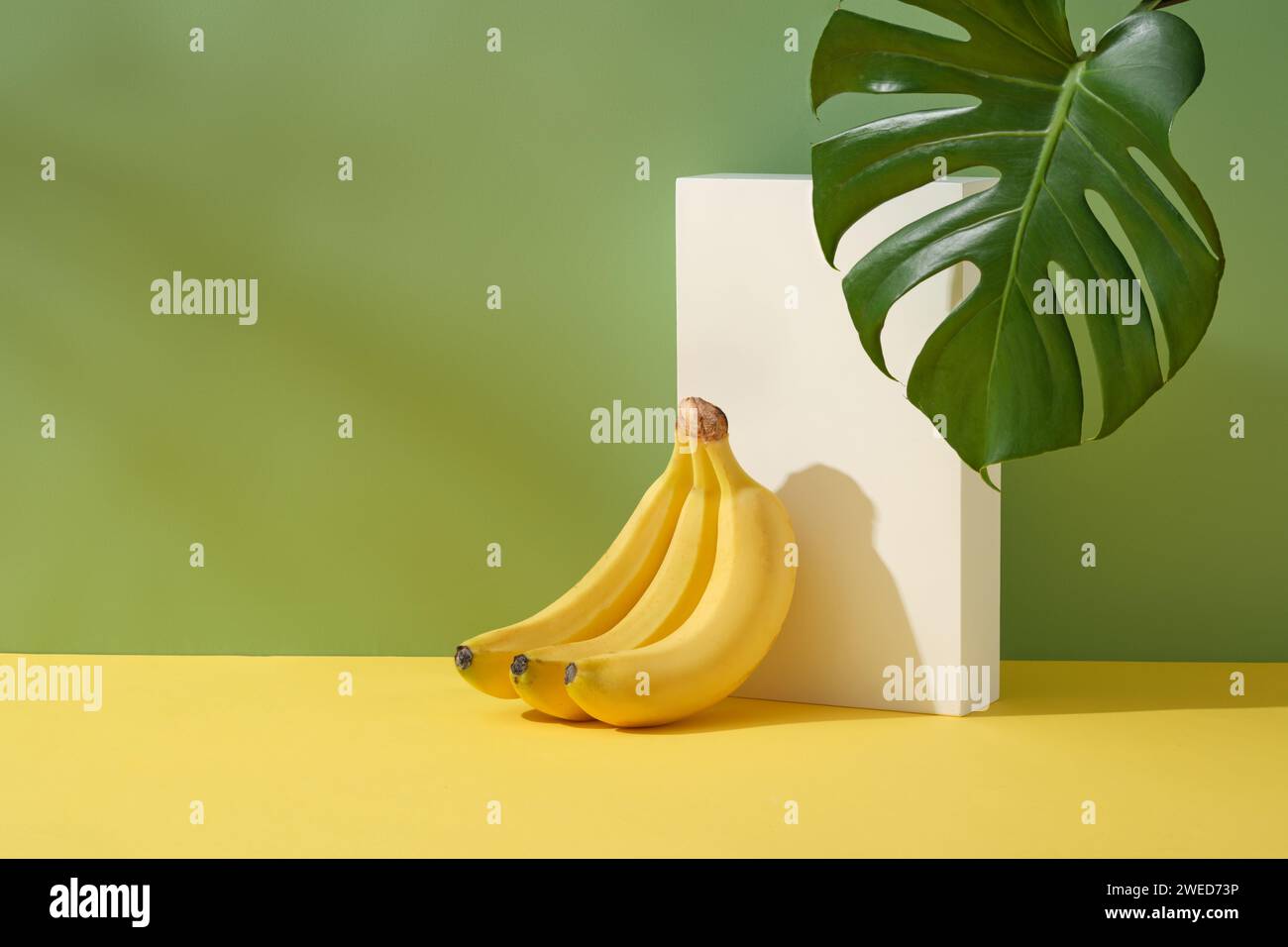 Minimale Szene mit einem Bananenbund, der sich auf einem weißen Podium auf einem rechteckigen Podium stützt. Bananenextrakt (Musaceae) hilft, Aknenarben und dunkle Flecken zu verblassen, während s Stockfoto