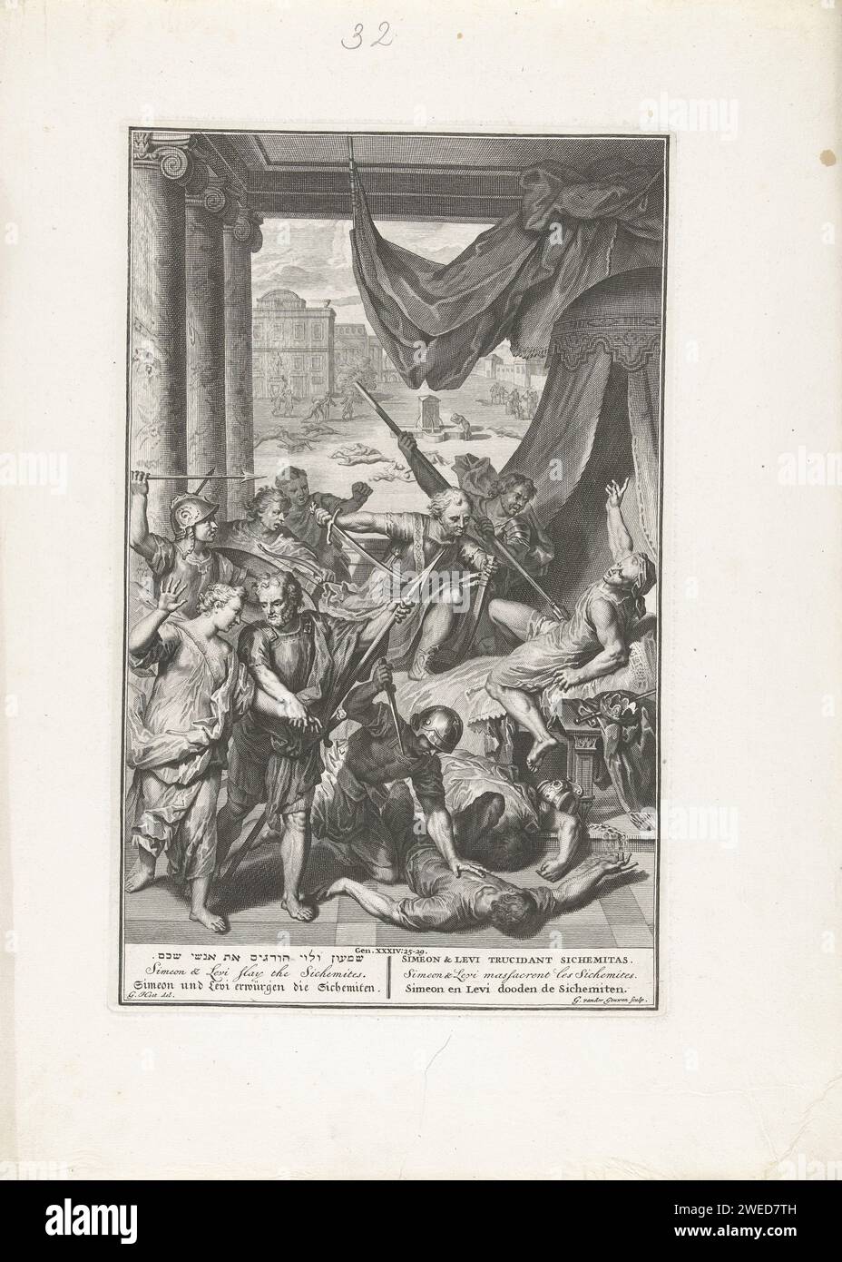 Simeon und Levi töten die Sichemiten, Gilliam van der Gouwen, nachdem Gerard Hoet (I), 1728 gedruckt hatte, greifen die Brüder Simeon und Levi die Sichemiten an, wenn sie krank in ihrem Bett sind. Einer der Brüder bringt Dina zurück nach Jakob (Gen. 32:24). Der Rest der Stadt wird im Hintergrund geplündert. Der Druck hat hebräische, lateinische, französische, englische, deutsche und niederländische Untertitel. Printmacher: Amsterdampublisher: Die Haager Papiergravur Simeon und Levi töten alle Schäferiten und bringen Dinah nach Hause, während die anderen Brüder die Stadt plündern Stockfoto
