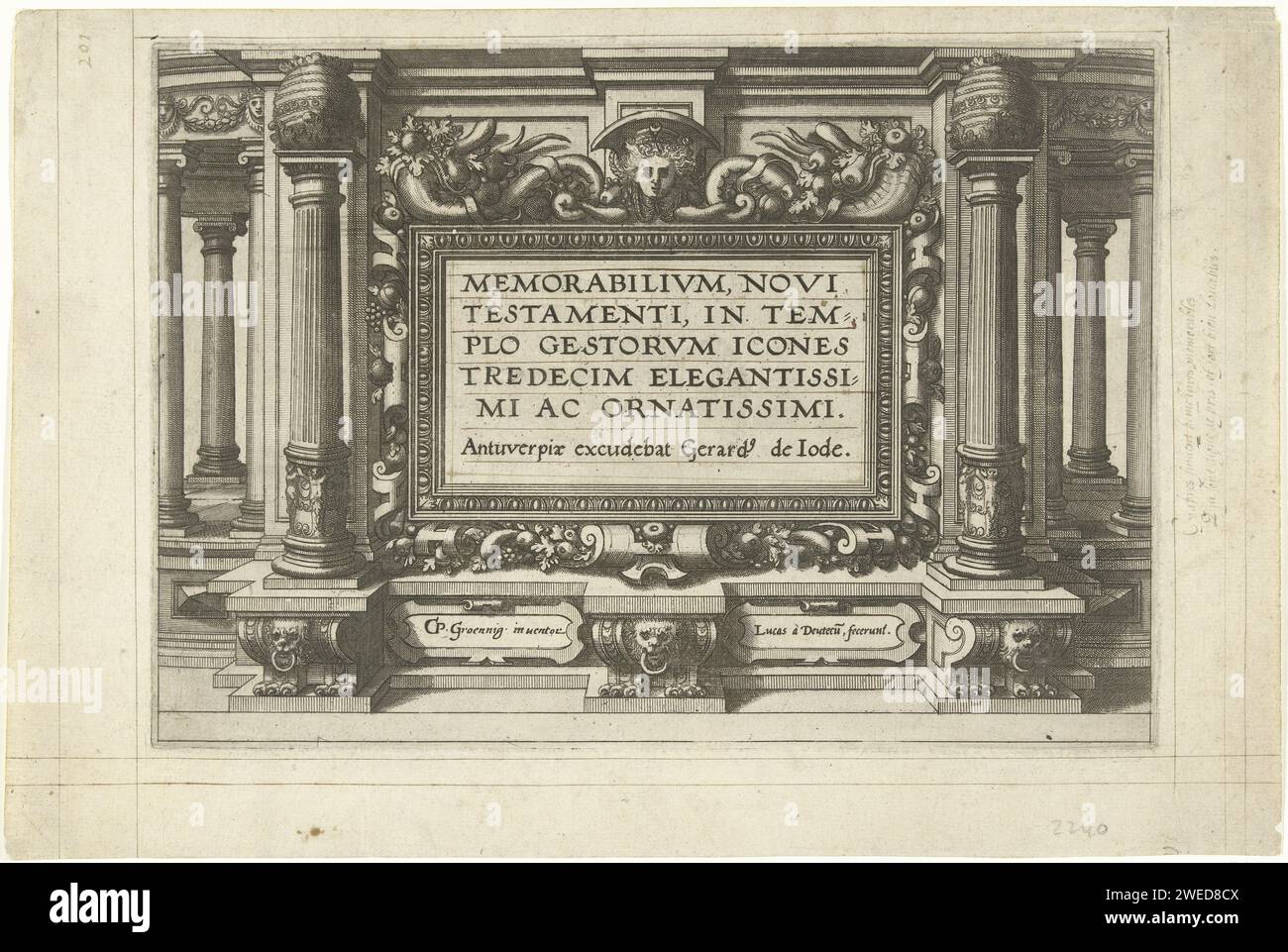 Memorabilivm Neues Testament im Tempel Gestorvm Ikonen dreizehn elegant und eleganteste, Luke van Doetechum, nach Gerard van Groeningen, ca. 1572 drucken Architekturtitel für eine Serie von 13 Drucken mit Ereignissen aus dem Neuen Testament, die rund um den Tempel stattfinden. Antwerpen Papiergravur/Ätzung Stockfoto