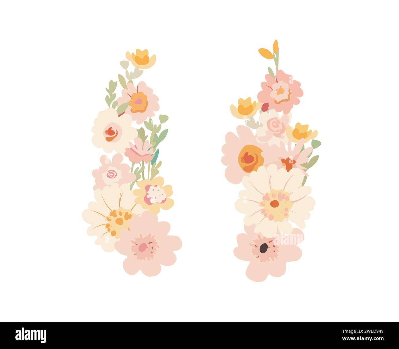 Blumenstrauß von verschiedenen zarten Frühlingsblumen mit Blättern, Satz blühender Pflanzen in Pastellfarben für Karte, dekoratives Design, flacher Karikaturvektor Stock Vektor