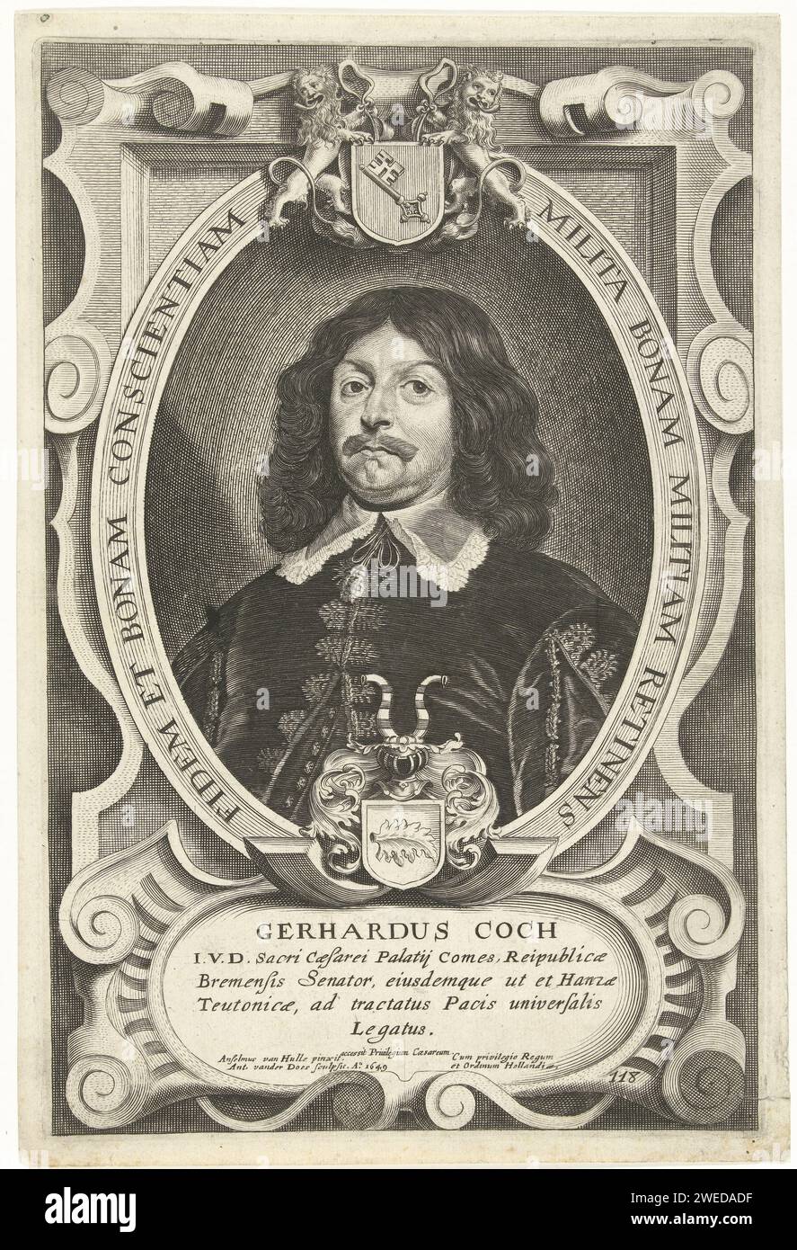 Porträt von Gerhard Koch, Antony van der tut, nach Anselm von ihnen, 1649 Druck Porträt von Gerhard Koch, Bruststück in Oval mit Wappen, in Kartusche mit fünf lateinischen Textzeilen unter dem Porträt. Südlich der Niederlande Papiergravur Stockfoto