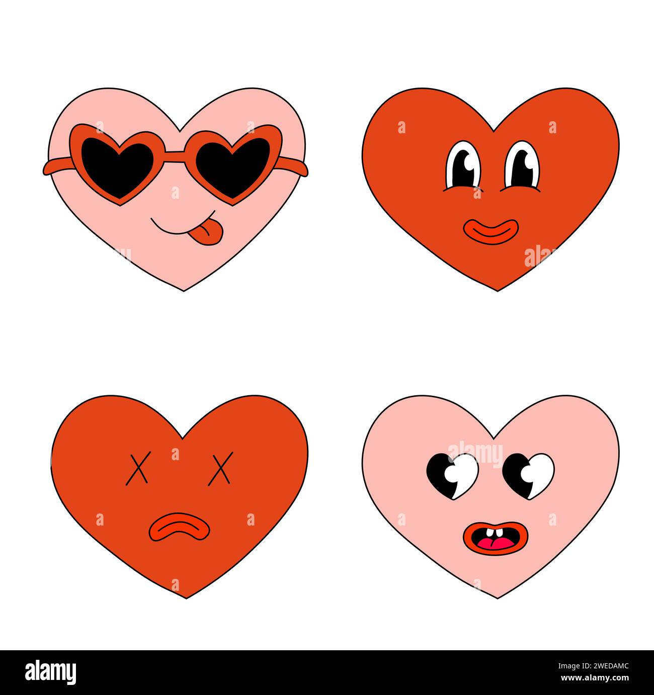 Setze die Herzfiguren für den Valentinstag. Herzen in Sonnenbrille, Lächeln und traurige Tote. Maskottchen im groovigen Y2K-Stil. Vektor-Zeichentrick-Illustration. Stock Vektor