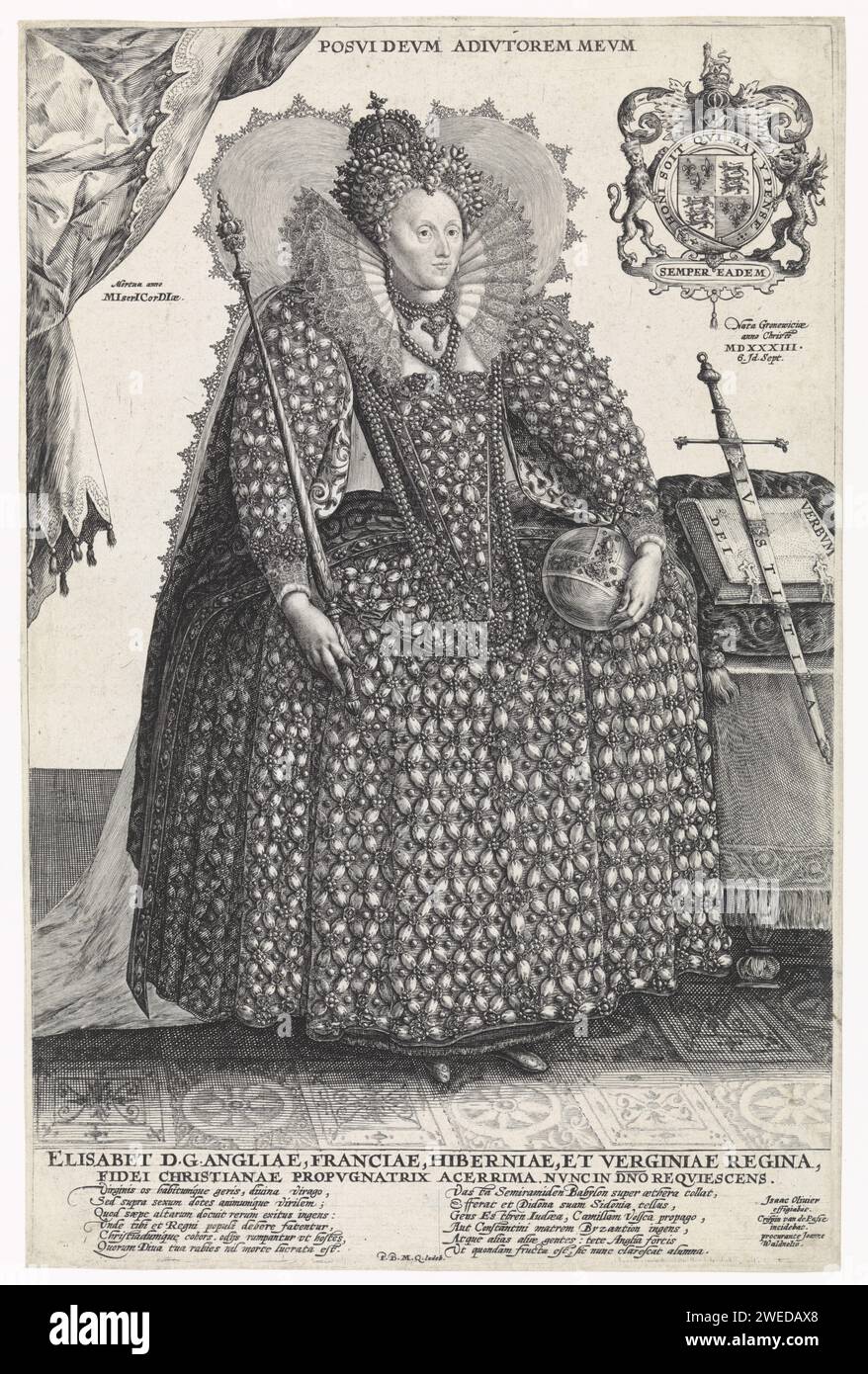 Porträt von Elisabeth I. Tudor, Königin von England, Crispijn van de Passe (I), nach Isaac Oliver, nach 1603 – vor 1620 Druck Porträt von Elisabeth I. Tudor, Königin von England. Sie trägt ein Kleid, das komplett mit Perlen besetzt ist und eine breite Falte mit Spitze bespannt ist. Flankiert wird sie von ihren Geburts- und Todesdaten in lateinischer Sprache. Rechts oben das Wappen der dargestellten Person. Am Rand Name und Funktion der porträtierten Person in lateinischer Sprache. Darunter ein zwölfzeiliges Lob, in zwei Spalten, in lateinischer Sprache. Unbekannter Papierstich historischer Personen - BB - Frau. Königin, Kaiserin, Stockfoto