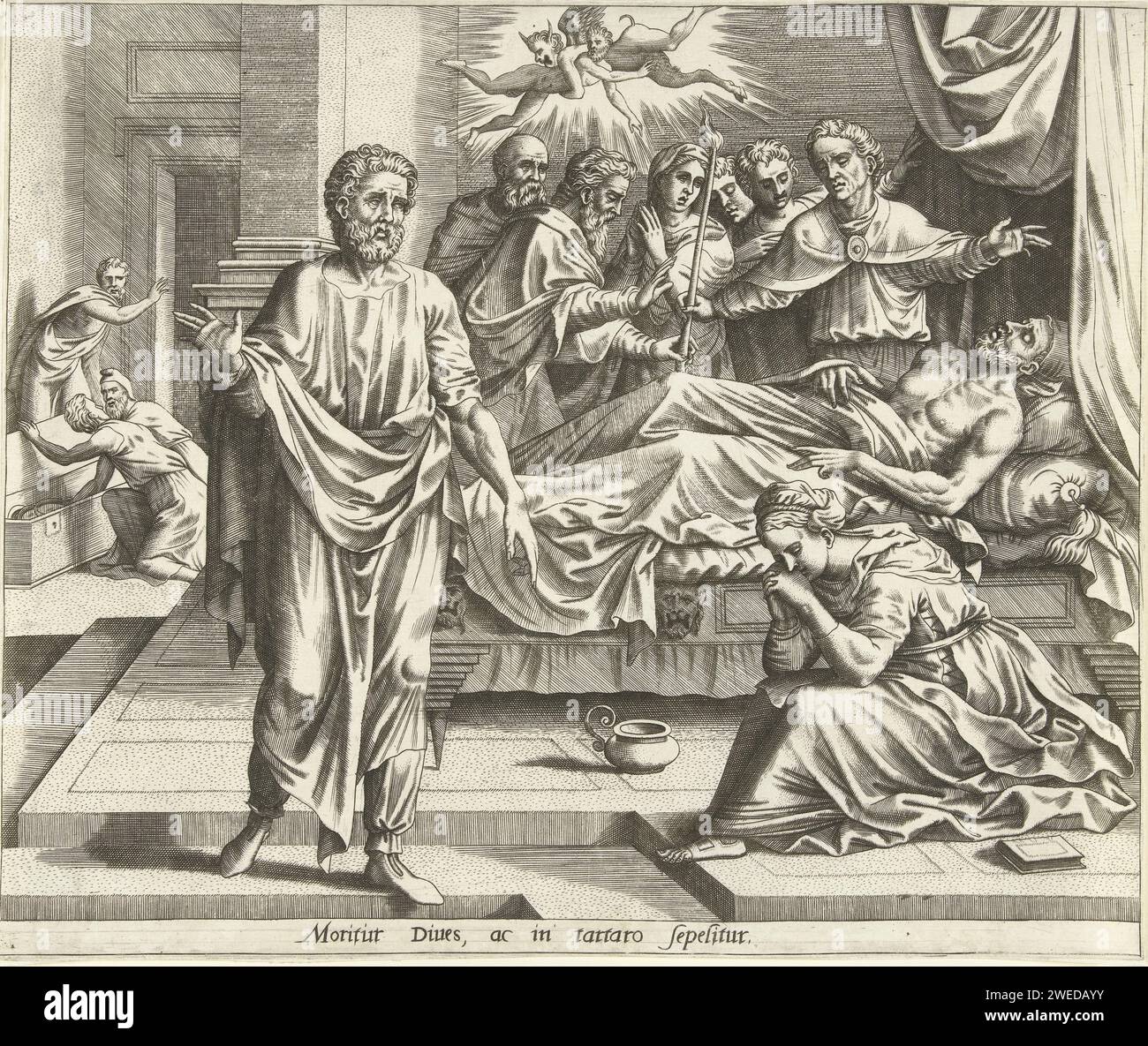 Der Tod des reichen Mannes, Hans Collaert (I) (möglicherweise), nach Lambert Lombard, nach Maarten van Heemskerck, um 1560 Druck der reiche Mann ist auf seinem Sterbebett. Familie und Freunde trauern um die Toten. Ein Teufel bringt die Seele des reichen Mannes in die Hölle. Antwerpener Papierstich stirbt; seine Seele wird von Teufeln in die Hölle gebracht Stockfoto