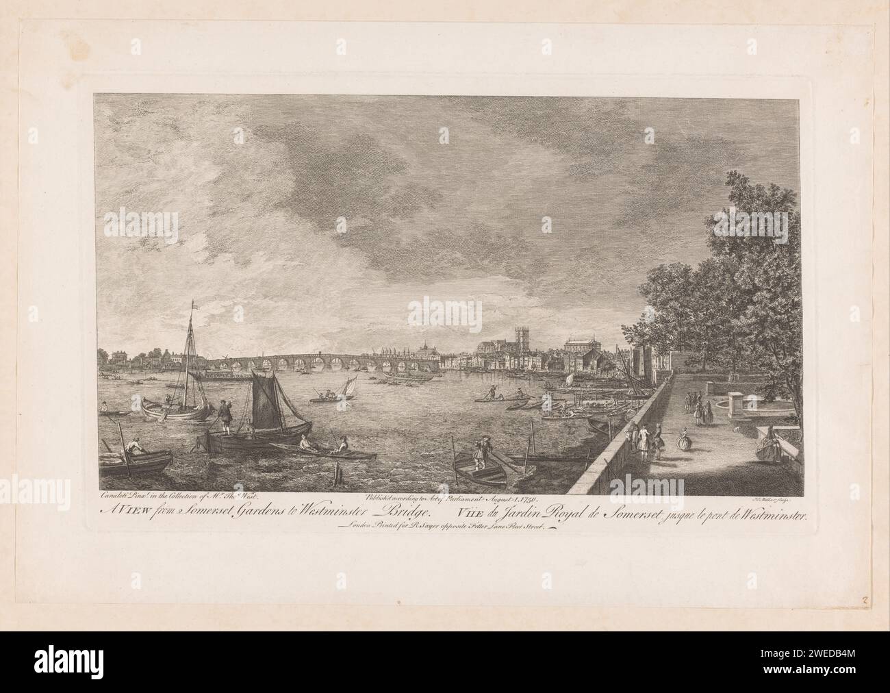 Face of Somerset Gardens an der Westminster Bridge in London, Johann Sebastian Müller, nach Canaletto, 1750 Druck Londoner Papier mit der Stadtansicht im Allgemeinen; „Veduta“ Westminster Bridge Stockfoto