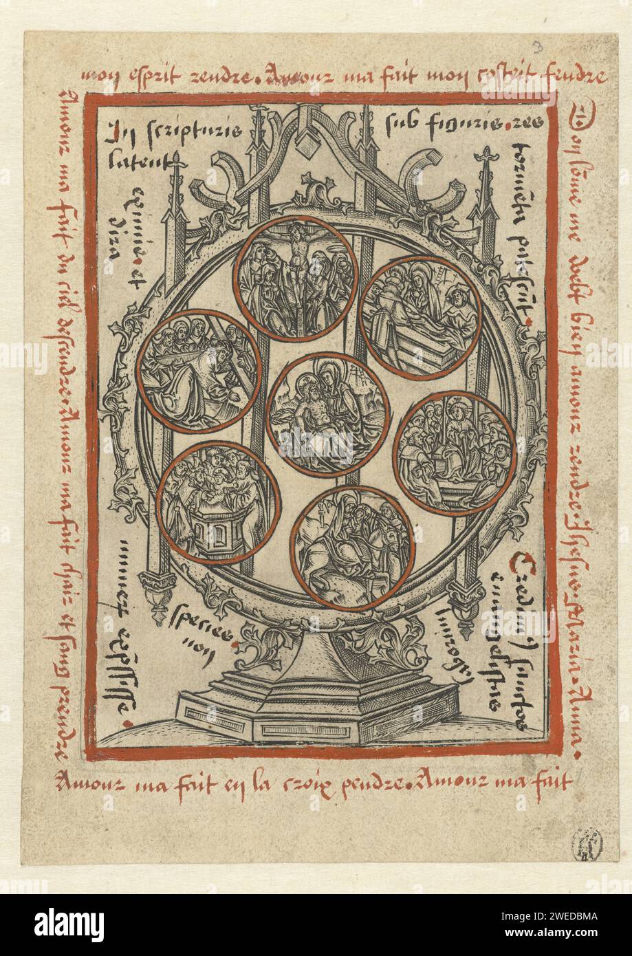 Seven Sorrows of Maria, Monogrammist S (16. Jahrhundert), 1510–1530 Print gotische Monstrans mit sieben Medaillons mit The Sorrows of Maria. Die Kreuzigung, die Beerdigung, die Mission, die Kreuzunterstützung, die Beschneidung, Christus im Tempel im Gespräch mit den Gelehrten und die Flucht nach Ägypten. Um handgeschriebene Texte in Schwarz und Rot. Niedere Länder Papier mit Gravur der Kreuzigung Christi: Christi Tod am Kreuz; Golgatha (Matthäus 27:45-58; Markus 15:33-45; Lukas 23:44-52; Johannes 19:25-38). Die Begräbnis Christi (möglicherweise durch Engel). 'Pietà', 'Vesperbild', 'Marienklage' (keine anderen anwesend): Stockfoto