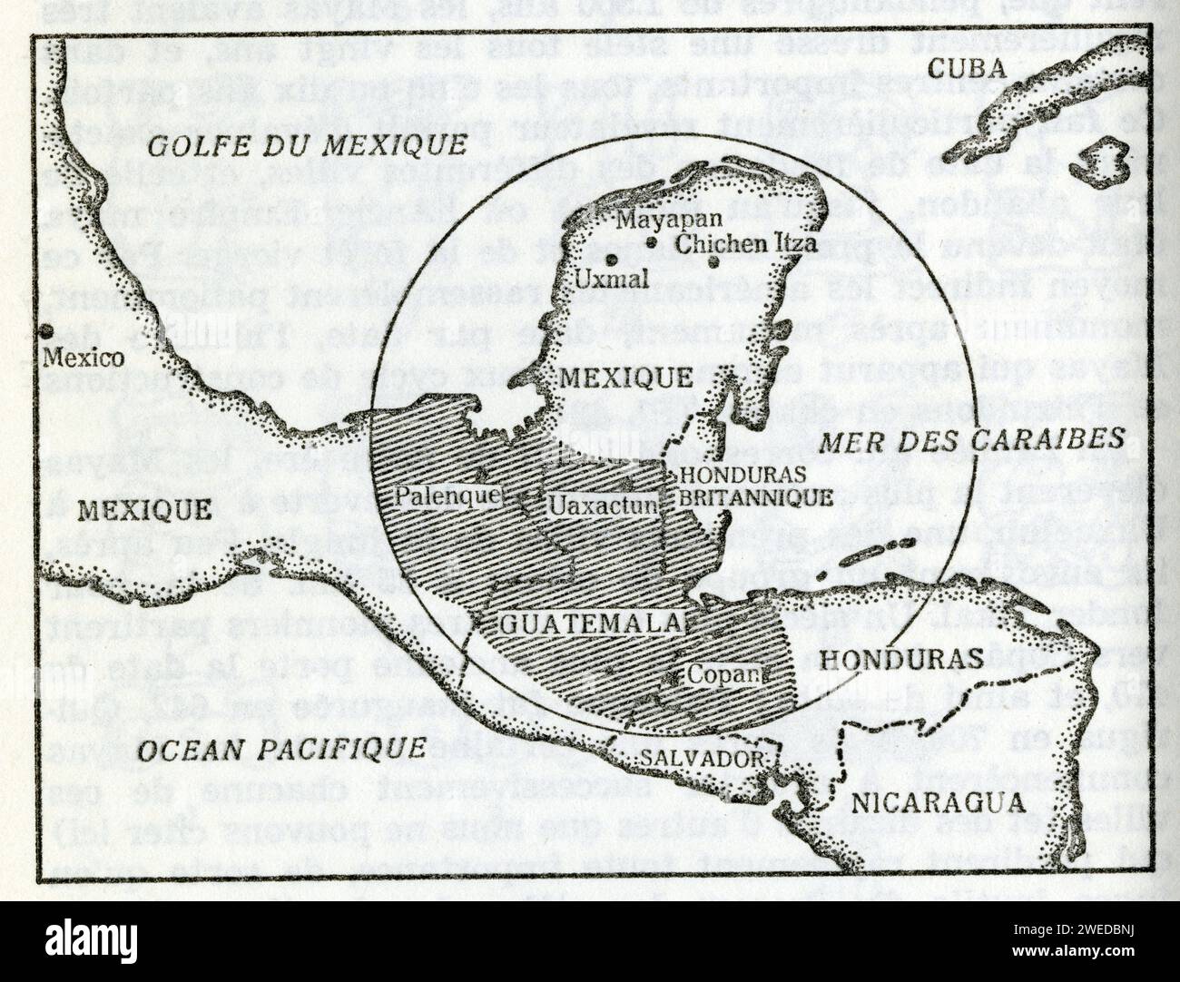 Les Empires Mayas. Les territoires en grisé - L'Ancien Empire (IVE - IXe siècles). Dans le cercle, Le Nouvel - Empire (XE-XVIe Siècles). Stockfoto