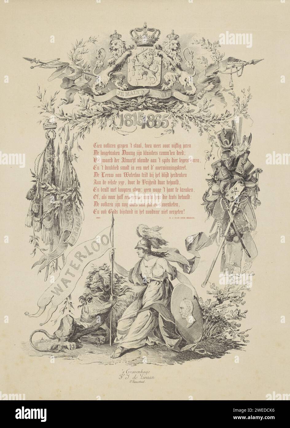 Remembranceint in Erinnerung an die Schlacht von Waterloo, Carel Alphons Eckstein, 1865 Print der Druck wurde fünfzig Jahre nach dem Ereignis veröffentlicht. In einem dekorativen Rand, bestehend aus Waffen, Blättern, einem Familienwappen, einer Krone und Löwen, befindet sich ein Gedicht von Samuel Johannes van den Bergh. Unter dem Gedicht die Batavianische Jungfrau und der Löwe. In ihrem linken Arm trägt die Jungfrau ein Medaillon mit dem Porträt von König Willem II. Mit ihrer rechten Hand hat sie zusammen mit de Leeuw ein Banner mit „Waterloo“ drauf. Druckerei: Niederlande die Haager Papiertiere, Raubtiere: Löwe (+ Tiere symbolisch verwendet) Stockfoto