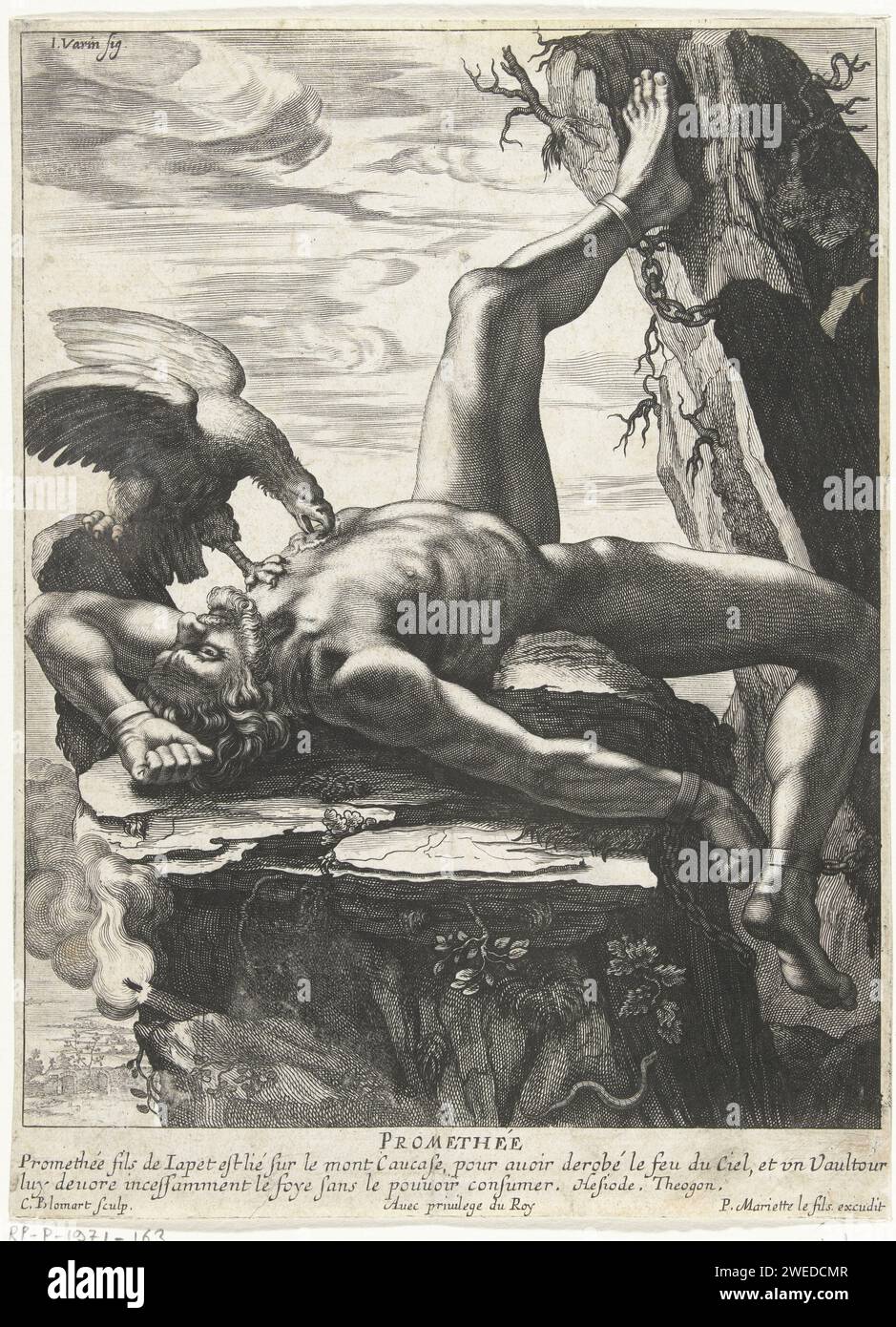 Prometheus, Cornelis Bloemaert (II), nach Jean Warin (II), 1655 - Druck Prometheus an einen Felsen gekettet, ein Adler pflückt seine Leber aus seinem Körper. Mit einer erläuternden Unterschrift auf Französisch. Paris-Papier, in dem ein Adler Tränen an Prometheus' Leber graviert Stockfoto