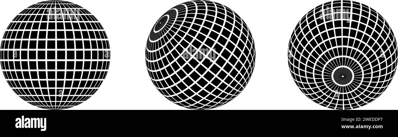 Schwarzes Discokugel-Set. Sammlung von Drahtmodellkugeln in verschiedenen Winkeln. Gitterkugel oder kariertes Kugelbündel. Mirrorball-Element-Paket für Poster, Banner, Musik-Cover, Party. Vektorabbildung Stock Vektor
