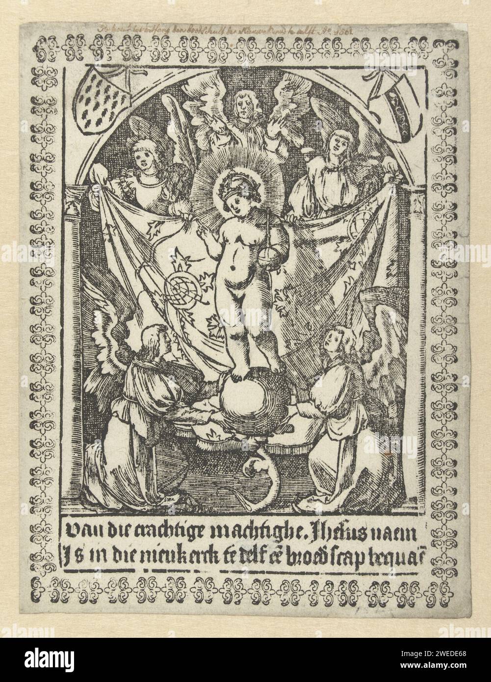 Gebetskarte für die Bruderschaft Jesu, Jacob Cornelisz van Oostsanen (Schule von), nach Jacob Cornelisz van Oostsanen, 1520–1540 drucken Gebetskarte für die Bruderschaft Jesu in der Nieuwe Kerk in Delft. Christkind als Salvator Mundi umgeben von Engeln. Linkes Wappen, rechtes Wappen von Delft. Text in Präsentation. Zierrand um das ganze herum. Niedere Länder schreiben "Salvator Mundi" und machen eine Segensgeste; eine Kugel in der Hand oder zu seinen Füßen Stockfoto Gebetskarte für die Bruderschaft Jesu, Jacob Cornelisz van Oostsanen (Schule von), nach Jacob Cornelisz van Oostsanen, 1520–1540 drucken Gebetskarte für die Bruderschaft Jesu in der Nieuwe Kerk in Delft. Christkind als Salvator Mundi umgeben von Engeln. Linkes Wappen, rechtes Wappen von Delft. Text in Präsentation. Zierrand um das ganze herum. Niedere Länder schreiben "Salvator Mundi" und machen eine Segensgeste; eine Kugel in der Hand oder zu seinen Füßen Stockfoto