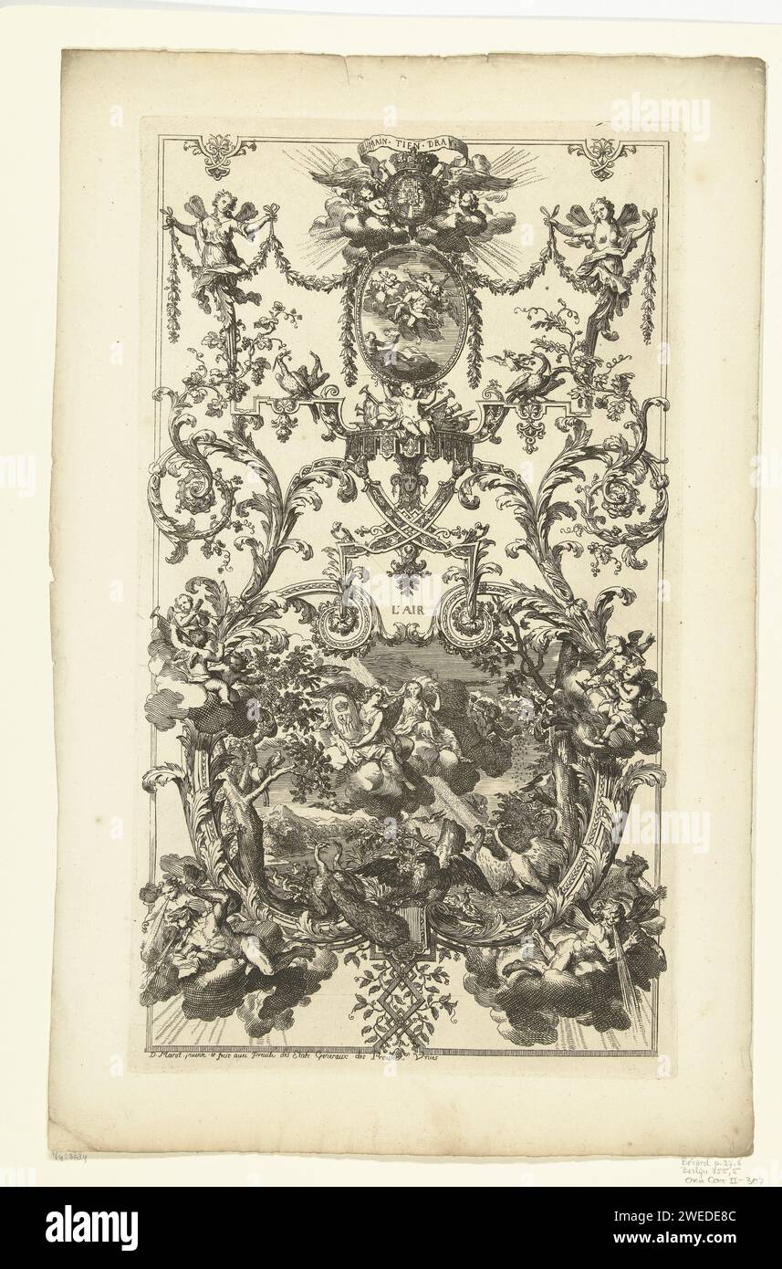 Das Panel mit dem Element Air, Daniël Marot (I), 1712-Druck oben ist die Waffe Englands, unten auf einer Kartusche mit einem Engel, der ein monogrammiertes Wappen und Tiere hält. In der Mitte einer Banderole mit dem Text Main.Tien.Dray. Aus Serie von 6 Blättern, einschließlich 4 Blättern mit den vier Elementen und zwei Blättern, auf denen jeweils zwei vertikale Tafeln vorhanden sind. Druckerei: Niederlande (möglicherweise) nach eigenem Entwurf von: Netherlandspublisher: Amsterdam Papier ätzend Luft (eines der vier Elemente). Vase  Ornament. Engel Stockfoto