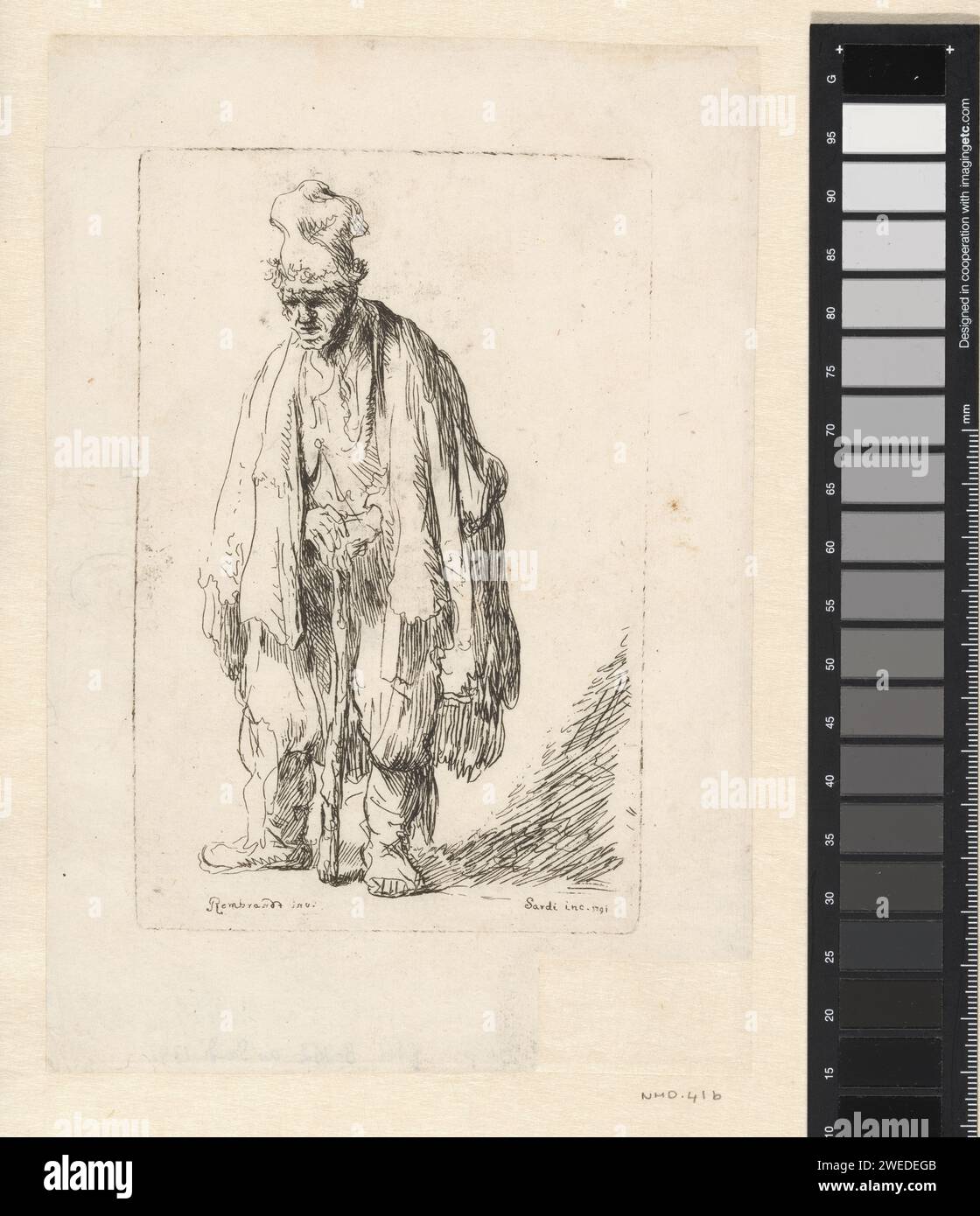 Bettler in hoher Kappe, stehend und auf einem Stock gestützt, Giuseppe Sardi, nach Rembrandt van Rijn, 1791 Druck Japanpapier (handgefertigtes Papier), Ätzkopfbekleidung: Mütze (+ Herrenkleidung). Bettler Stockfoto