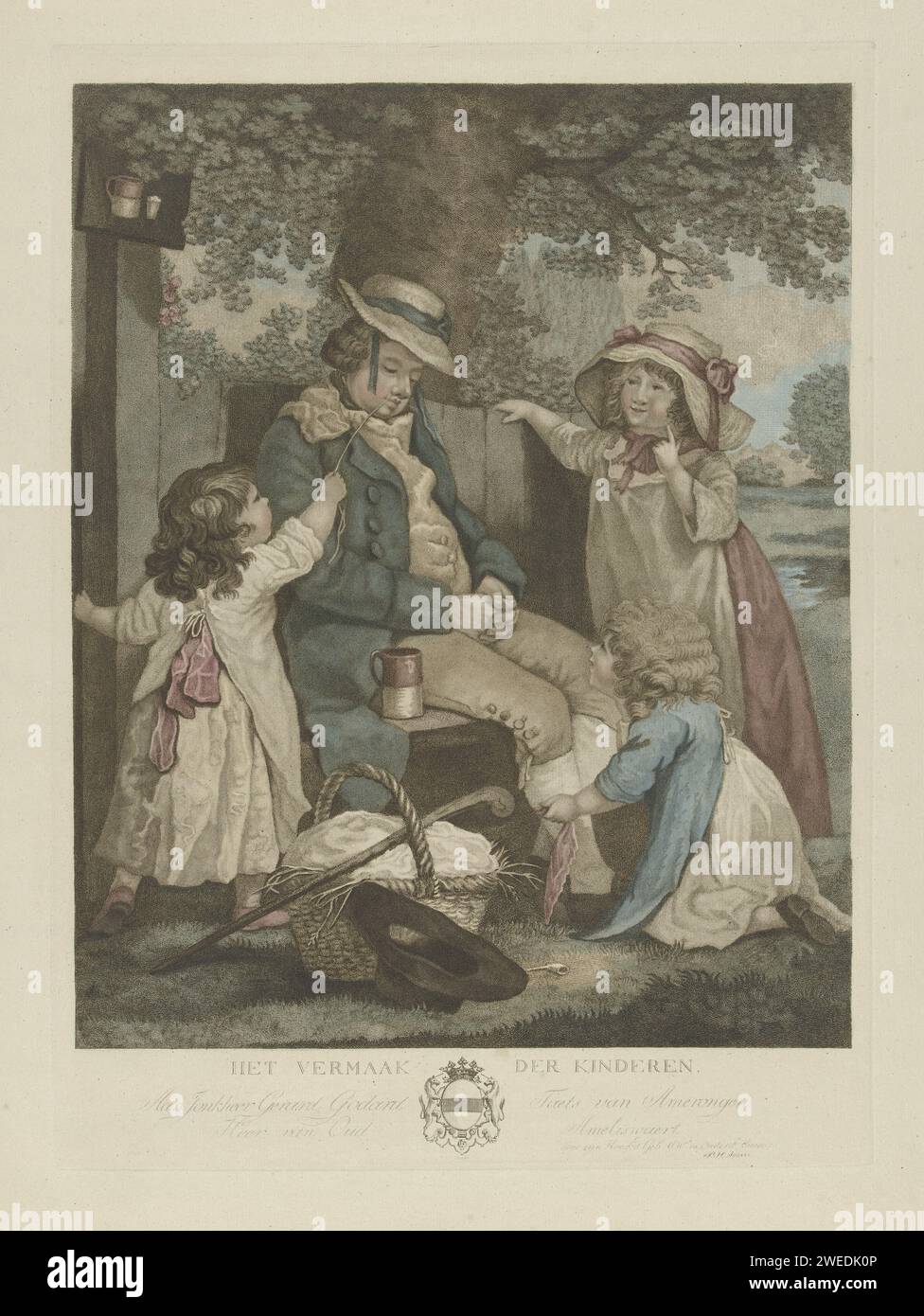 Mann und Kinder spielen, Pieter Hendrik Jonxis, 1772 - 1843 Print Garten mit einem Mann und drei Kindern spielen. Eines der Kinder kitzelt den Mann mit einem Grasblatt, ein anderes bindet seine Füße. Im Vordergrund ein Korb, Wanderstock, Hut und Pfeife. Ein Wappen am Rand. Utrechter Papier zum Ätzen von Kinderspielen und -spielen Stockfoto