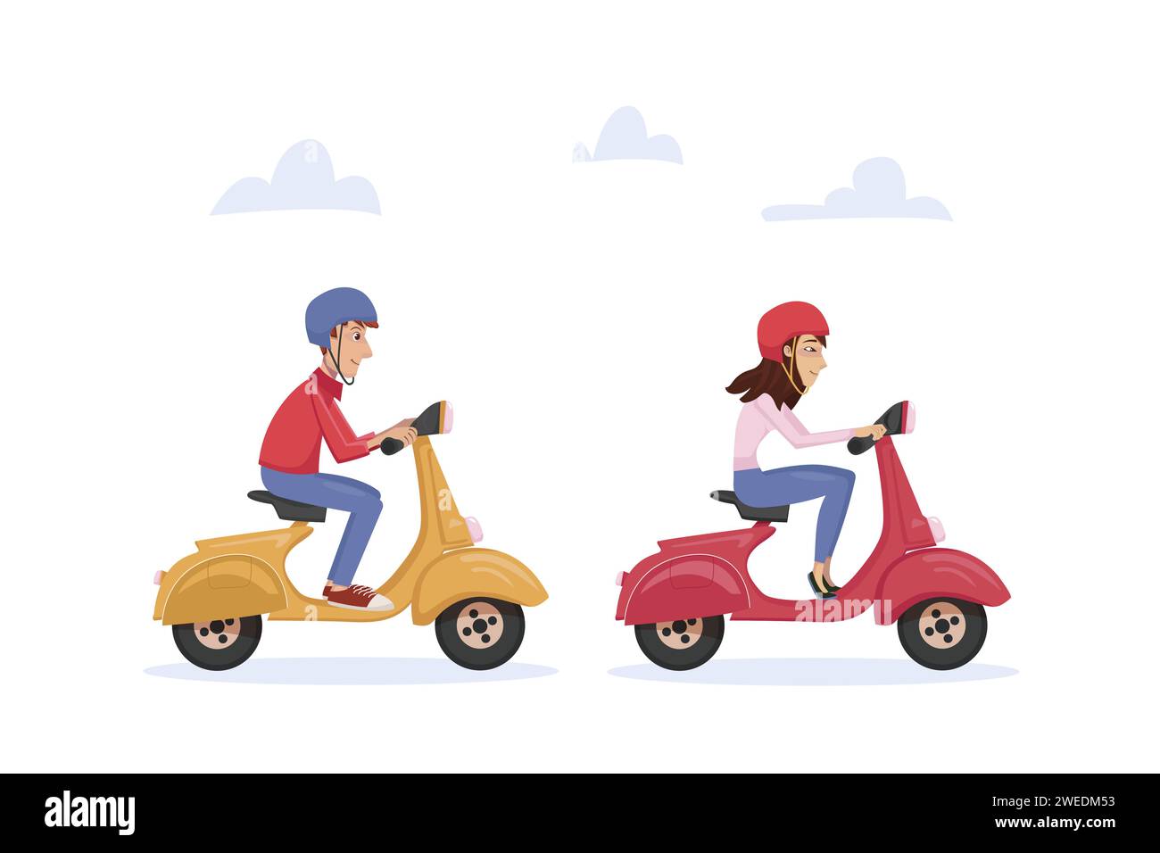 Junge Paare, Mann und Frau, die auf zwei Motorrollern unterwegs sind und die gemeinsame Zeit genießen. Aktiver Lebensstil, Ausflug. Vektorillustration im Cartoon-Stil auf Stock Vektor