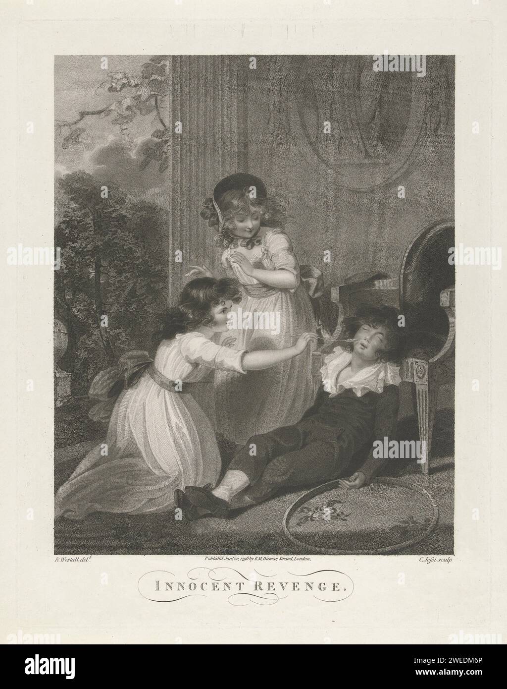 Innenraum mit neckenden Kindern, Christiaan Josi, nach Richard Westall, 1796 Druck Ein Mädchen kitzelt einen schlafenden Jungen mit einem Grasblatt, ein zweites Mädchen beobachtet. Londoner Papierätzung / Gravur necken (Spiele und Spiele für Kinder) Stockfoto
