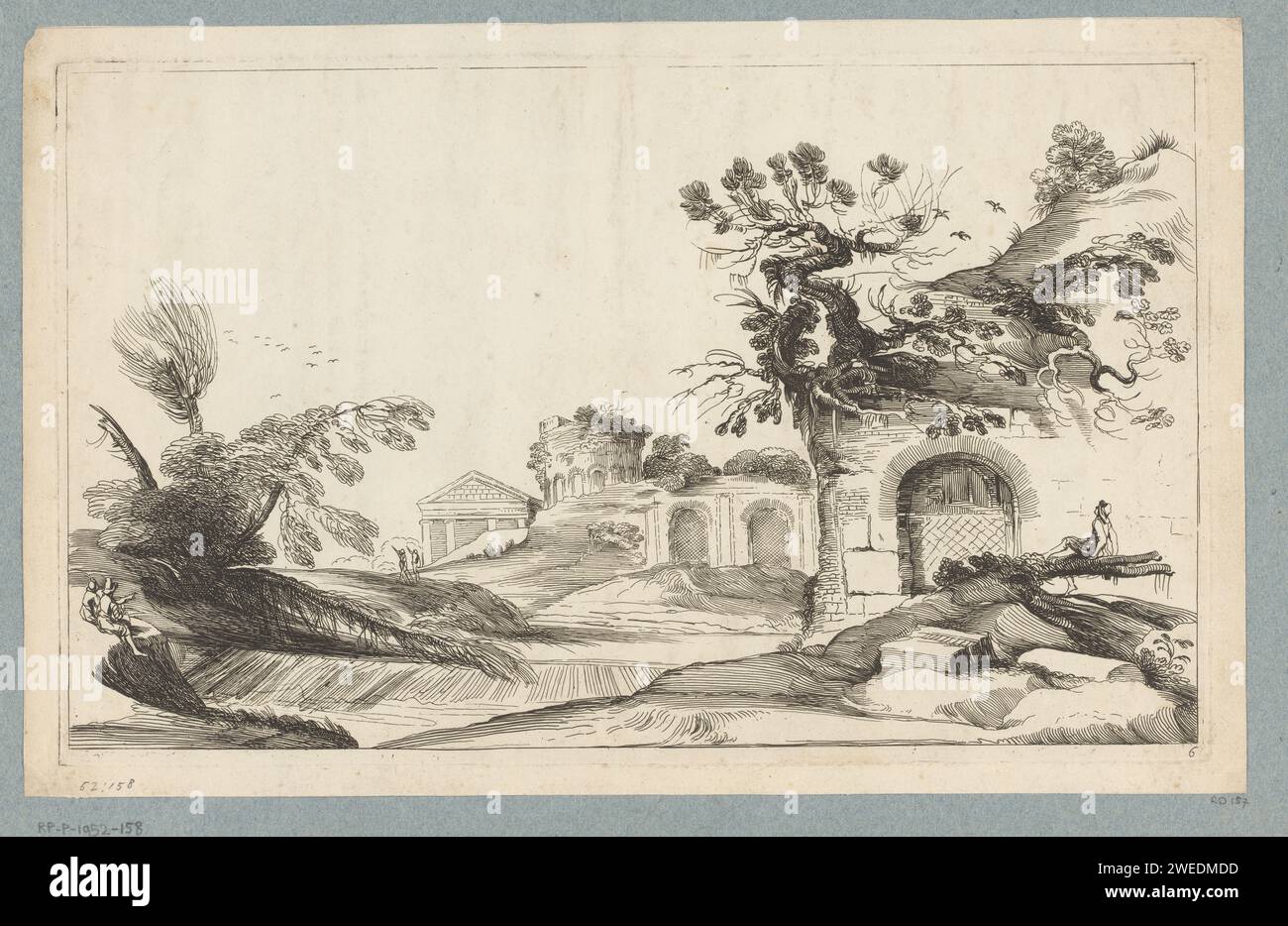 Landschaft mit Wasserfall und Ruinen, Jean Pesne, nach Guercino, 1666 - 1695 Druckpapier ätzend Wasserfall. Landschaft mit Ruinen Stockfoto