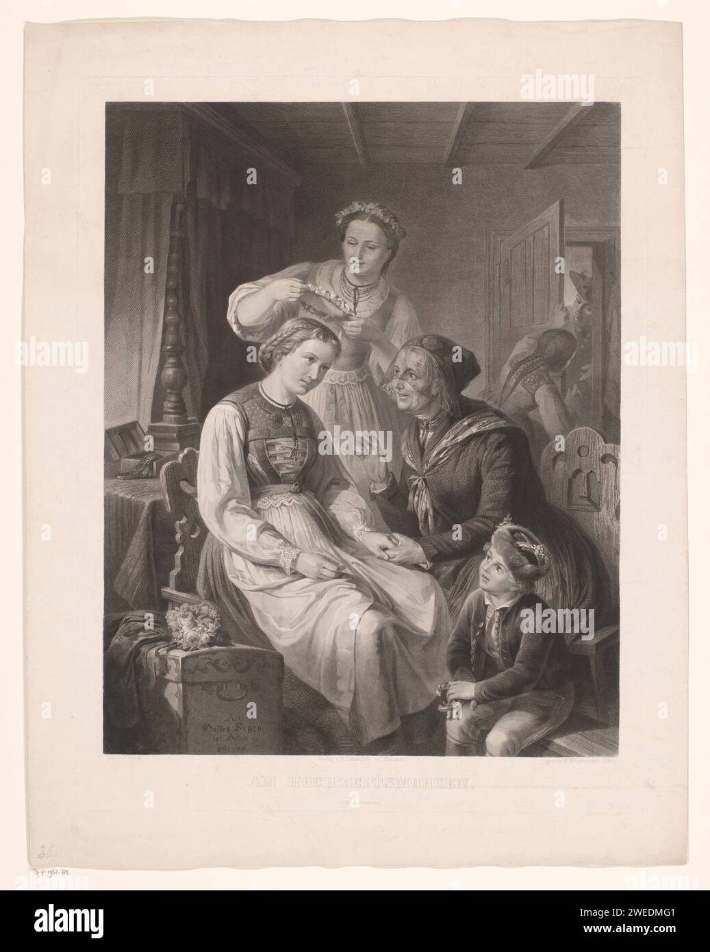 Der höchste gute Ton, 1800-1815, Nr. 21: Der elegante in seinem ferrant marechal, Anonym, 1800 - 1815 Karikatur eines eleganten Mannes, der auf einem Hocker kniend, gekleidet in einem Mantel (Carrick) mit drei Schulterkragen. Ein Junge hält sein Bein hoch. In der Tür ein Farrier mit Hufeisen und Hammer in der Hand. Druck aus einer Serie von 30 Modedrucken, Le suprême Bon Ton, Paris, 1800-1815. Druckerei: Franzepublisher: Pariser Papier zum Ätzen von Modeplatten. Stiefel (+ Herrenbekleidung). Pferd. Farrier, Shoeing-smith. Werkzeuge, Hilfsmittel, Arbeitsgeräte  Handwerk und Industrie: Hammer. Mantel: Mantel (+ Herrenkleidung). Mantel Stockfoto