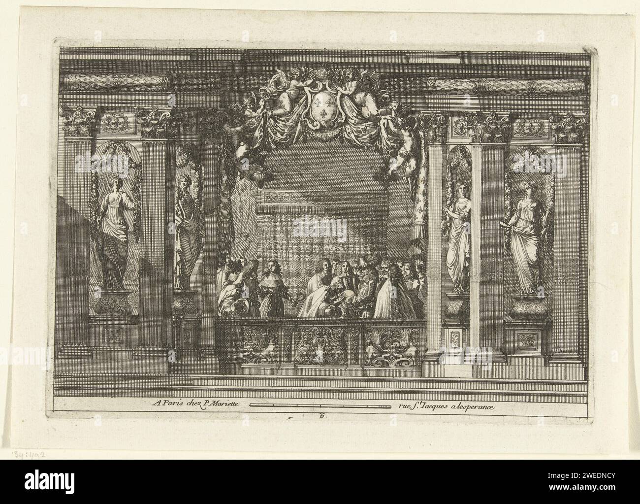 Alkoof, Jean Lepautre, ca. 1656 - C. 1657 Druck auf dem Gesims befindet sich eine Kartusche mit dem preisgekrönten Frans Royal Wappen. Der König ist umgeben von Höflingen vor dem Himmelbett. Zweiter Druck aus der zweiten Auflage. Druckerei: Frankreich (evtl.) nach eigenem Entwurf von: Frankreich (evtl.) Verlag: Paris Papierätzung Stockfoto