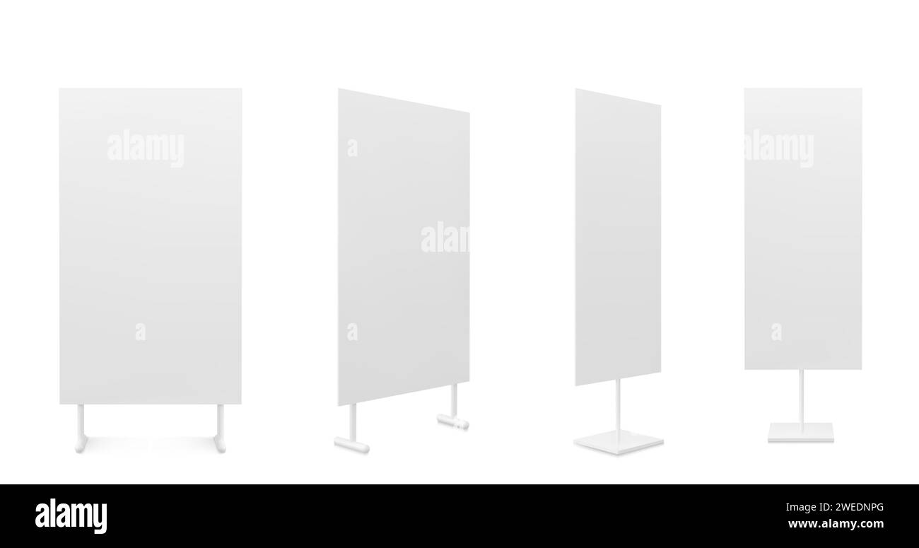 Werbung weiß, leere Infostand-Standplatte. Realistische Vektor-Illustration Set von leeren tragbaren vertikalen Roll-up Info Promo Banner Mockup für Werbe- und Produktpräsentation auf der Ausstellung. Stock Vektor