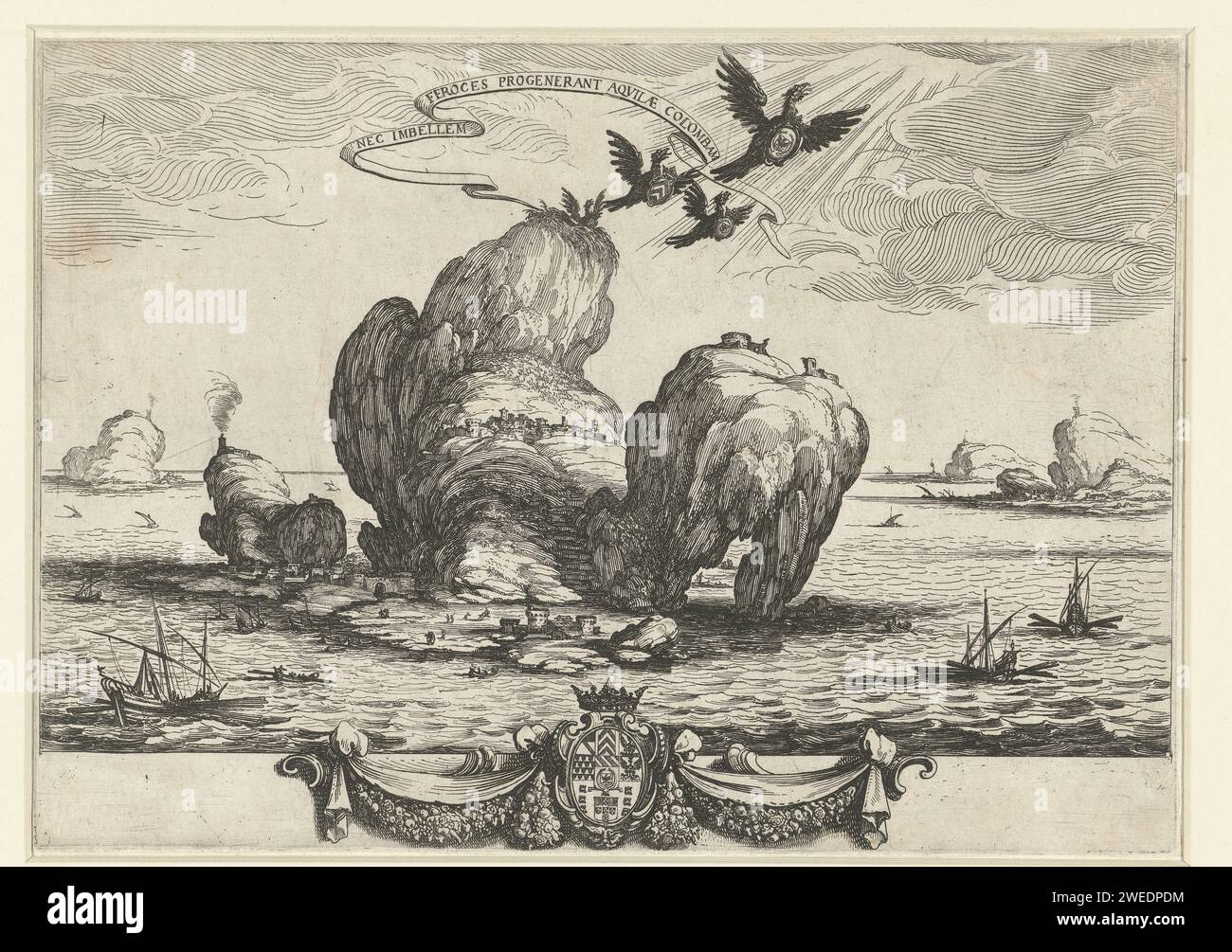 De Grote Rots, Jacques Callot, 1622 - 1628 drucken Einen großen Felsen im Meer, auf dem eine Burg oder Stadt und ein Nest steht, aus dem Adler fliegen, jeder trägt ein Wappen um den Hals. Um diese Adler herum eine Banderole mit lateinischem Zauber. Unter dieser Aufführung am Rande das Wappen von Charles-Joseph de Tornielle, dem Grafen von Brionne. Nancy Papier, das Steine ätzt. Insel. Raubvögel: adler. Waffenlager, Heraldik Stockfoto