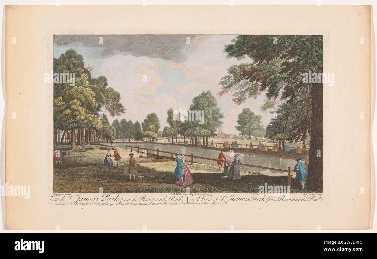 View of Rosomond's Pound im Saint James's Park in London, Robert Sayer, nach Chatelain, 1752 Print Publisher: Londonprint Maker: England Paper. Aquarell (Farbe) Ätzen / Pinsel öffentliche Gärten, Park (+ Stadt (-Landschaft) mit Figuren, Personal). Teich, Pool St. James's Park Stockfoto