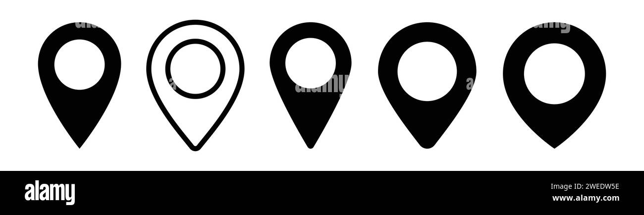 Eine Sammlung flacher Vektorsymbole mit Symbolen für Position, Kartenstifte, Ortsmarkierungen, Kartenmarkierungszeiger, GPS-Positionen, Positionssymbol. Stock Vektor
