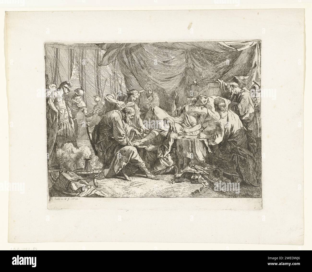 Der Tod des Antiochus, Noël Hallé, 1738 Druck der sterbende antiochus diktiert seine letzten Wünsche, die auf einem Bett liegen. Eine Gruppe Leute sind um das Bett, zwei kümmern sich um seinen Fuß, einer schreibt. Frankreich Papier ätzende Krankheit und Tod von Antiochus IV Epiphanes (2 Makkabäer 9) Stockfoto