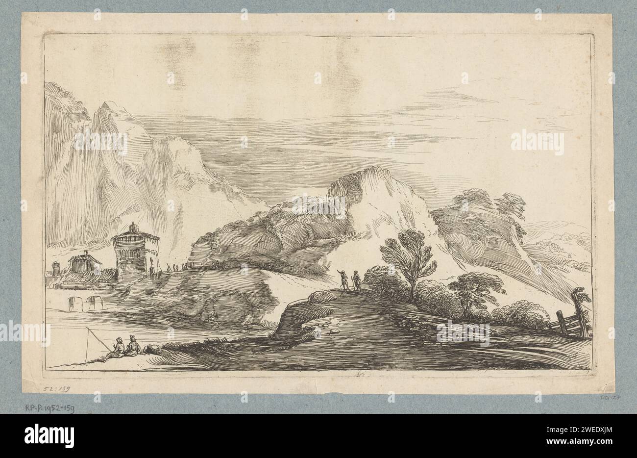Landschaft mit Fischern, Jean Pesne, nach Guercino, 1666 - 1695 Druckpapier ätzend Wasserlauf. Angeln (Sport) Stockfoto