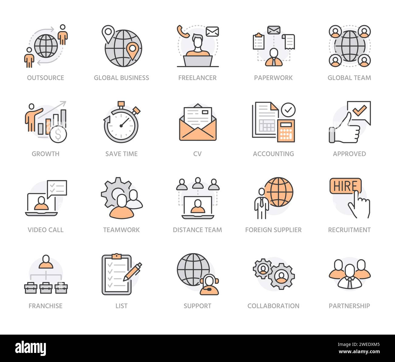 Symbolsatz für flache Linien auslagern. Illustrationen für Personalbeschaffung, Partnerschaft, Teamarbeit, Freiberufler, Teil- und Vollzeitjobs. Umrisspiktogramm für Stock Vektor