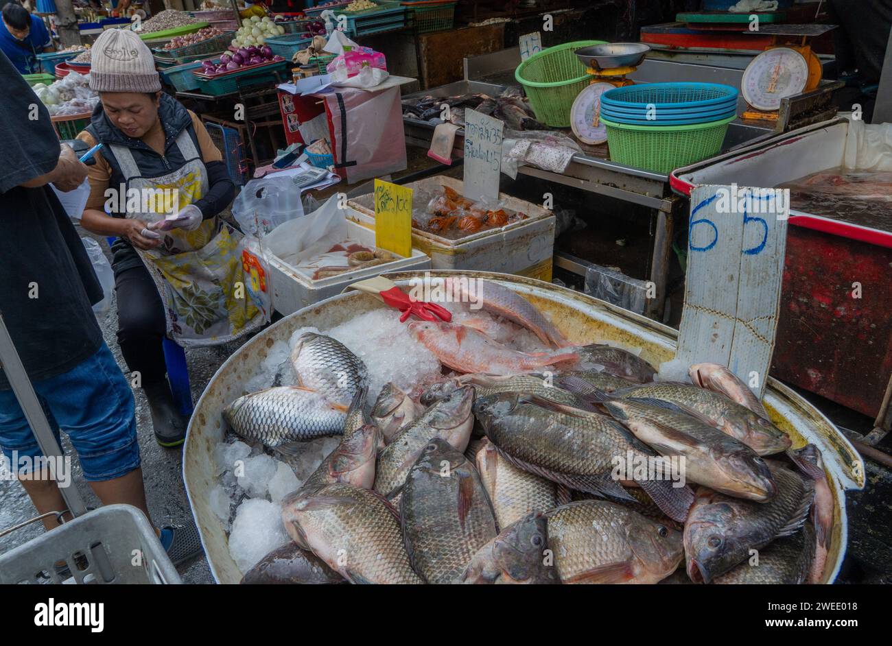 Träger, Händler und Kunden auf dem Kad Luang Fisch- und Gemüsemarkt in Chiang Mai, Thailand Stockfoto