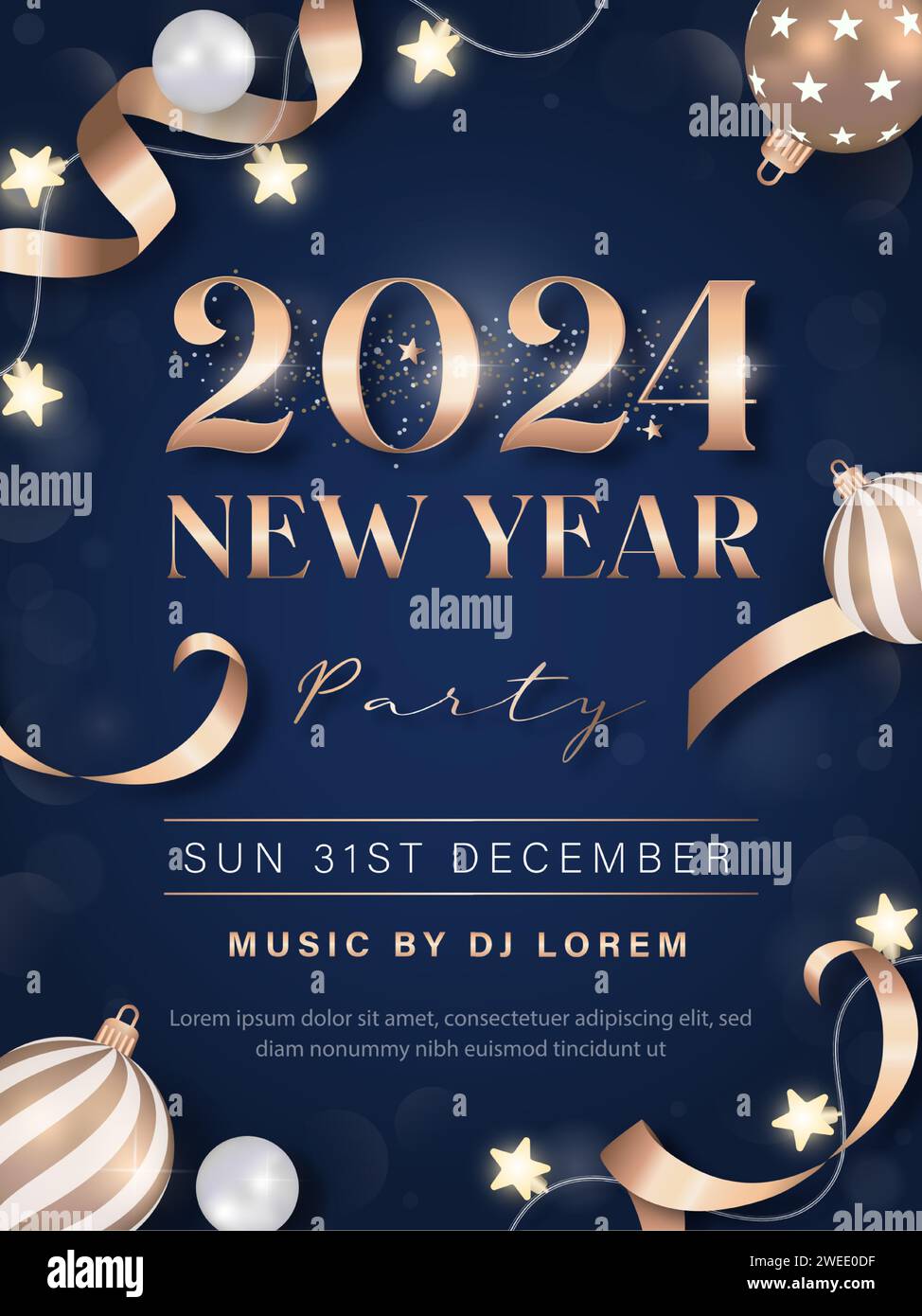 Partyplakat oder Cover für das Jahr 2024 mit goldenen Dekorationsgegenständen auf dunkelblauem Hintergrund Stock Vektor