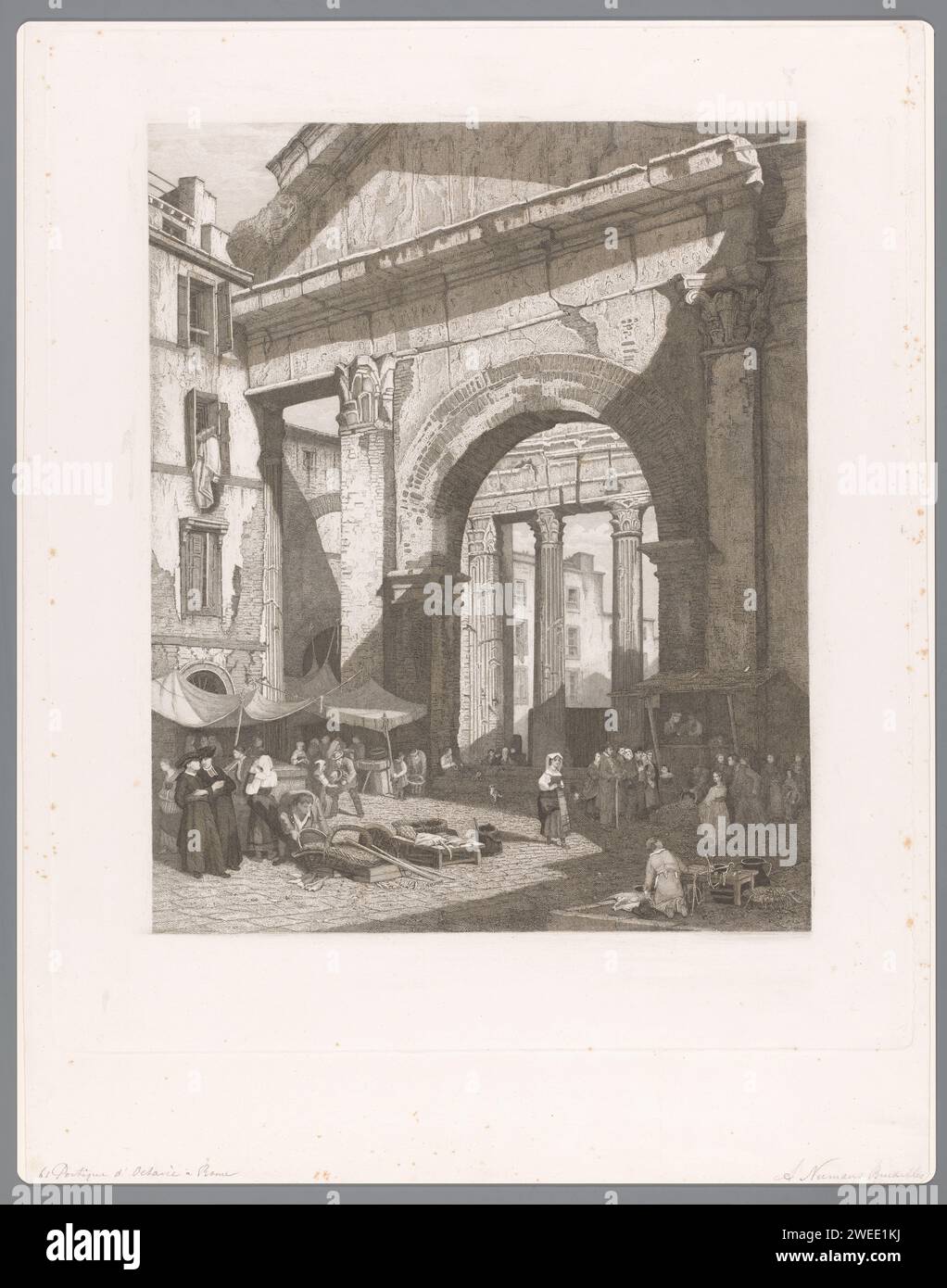 Vismarkt im Portikus von Octavia in Rom, Auguste Numans, nach Francois Antoine Bossuet, 1833–1883 Druckpapier-Ätzmarkt. Monumentale Tür, Veranda, 'aediculum'. Ruine eines Gebäudes  Architektur Rom. Porticus van Octavia Stockfoto