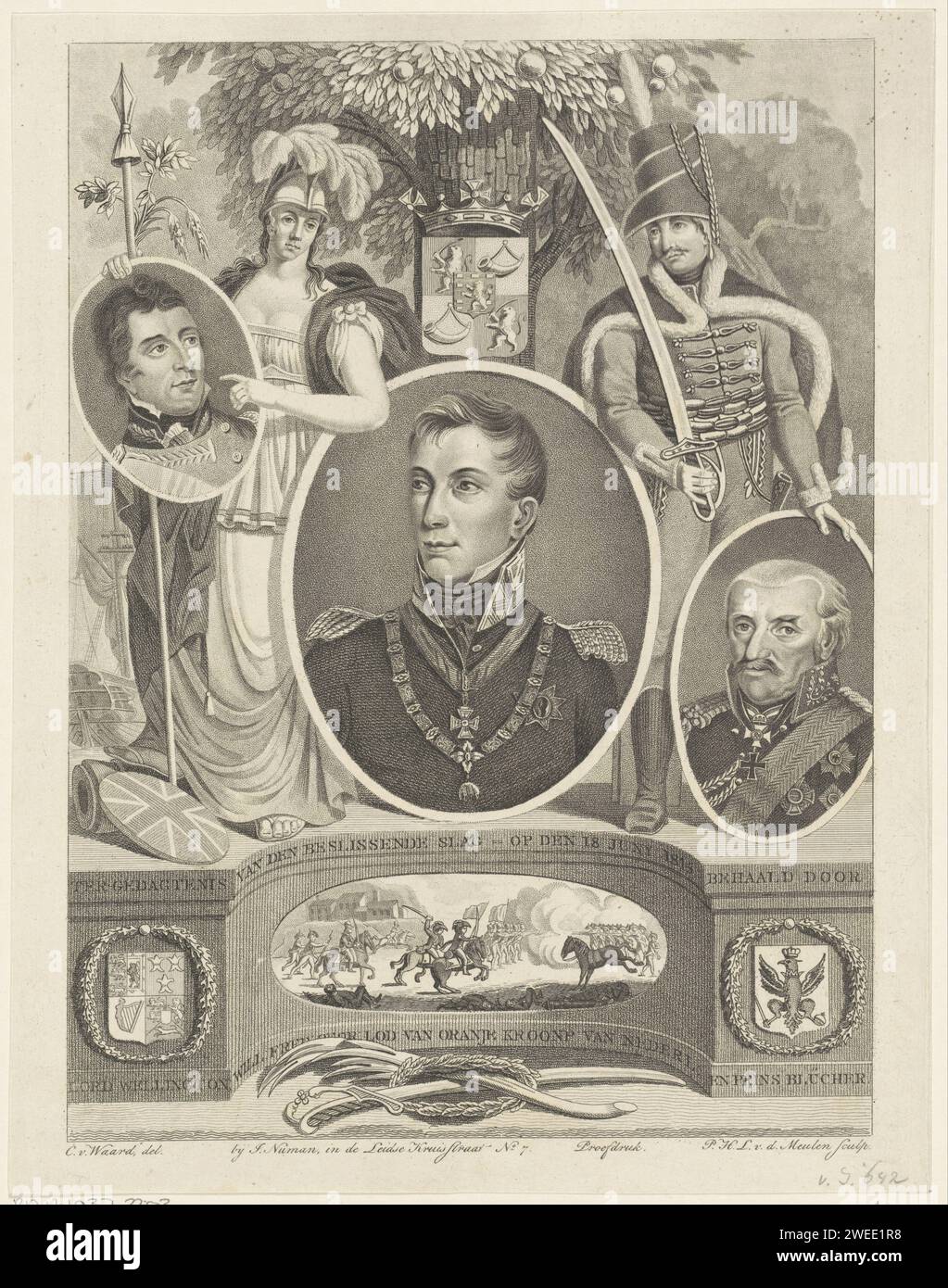 Porträt von Willem II., König der Niederlande, Pieter van der Meulen, nach Christiaan van Waardt, 1815–1826 Druck Porträt von Willem II. In einem Oval. Links und rechts Porträts zweier Armeekommandanten, jeweils in einem Oval. Eine Reihe allegorischer Objekte und zwei allegorische Figuren um sie herum. In einem Rahmen eine Präsentation der Schlacht von Waterloo am 18. Juni 1815. Unten rechts „Proef Pressure“. Amsterdam Papiergravur / Ätzen Ritterorden des Goldenen Vlieses - Insignien eines Ritterordens, z. B.: Abzeichen, Kette (mit ORDENSNAMEN) Stockfoto