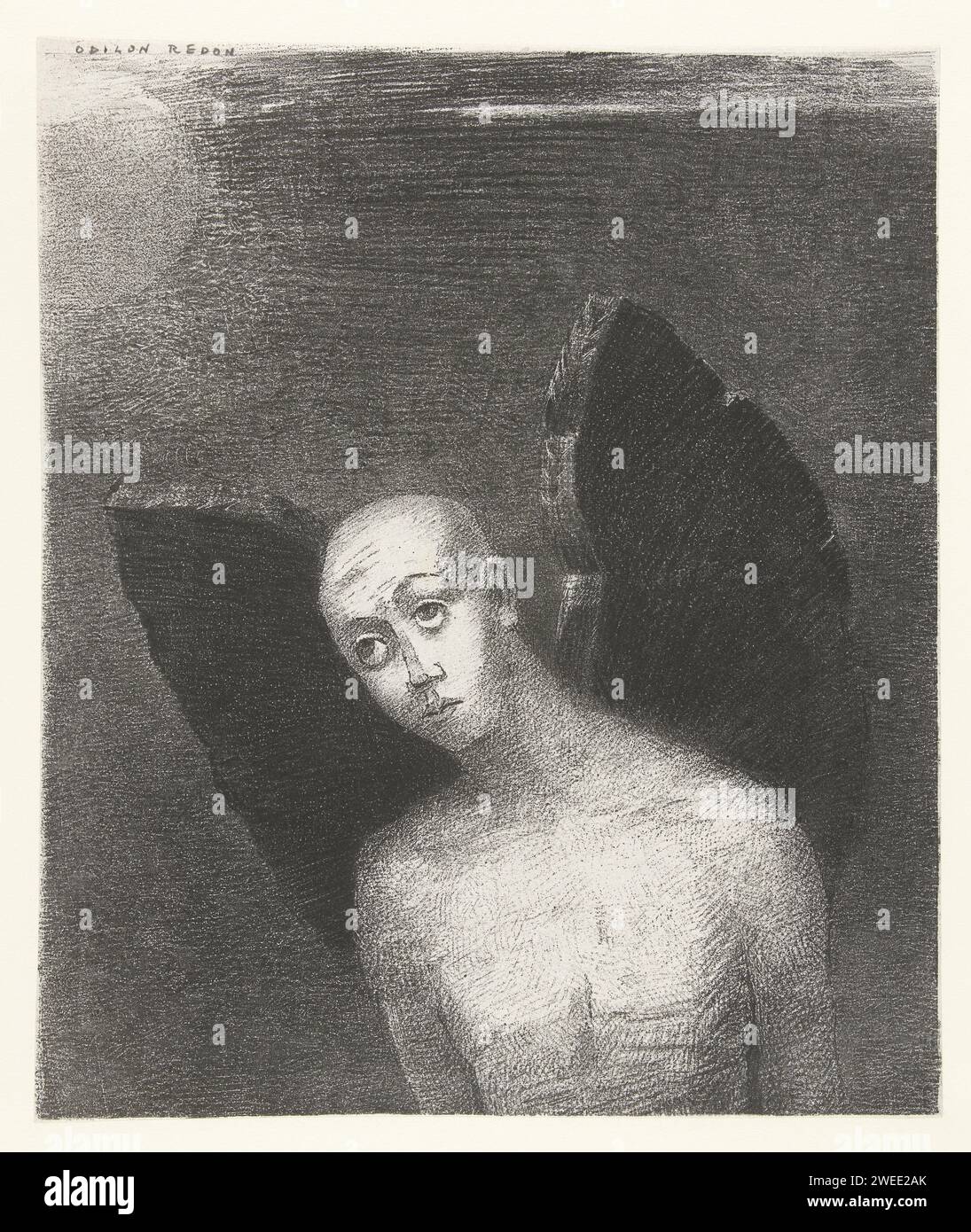 Der gefallene Engel trifft seine schwarzen Flügel, Odilon Redon, 1886 ein Engel mit schwarzen Flügeln, die Augen oben. Drucken Sie aus einer Serie von sechs, die für ein Album gemacht wurden. Druckerei: Franceprinter: ParisParis Paper Angels Stockfoto