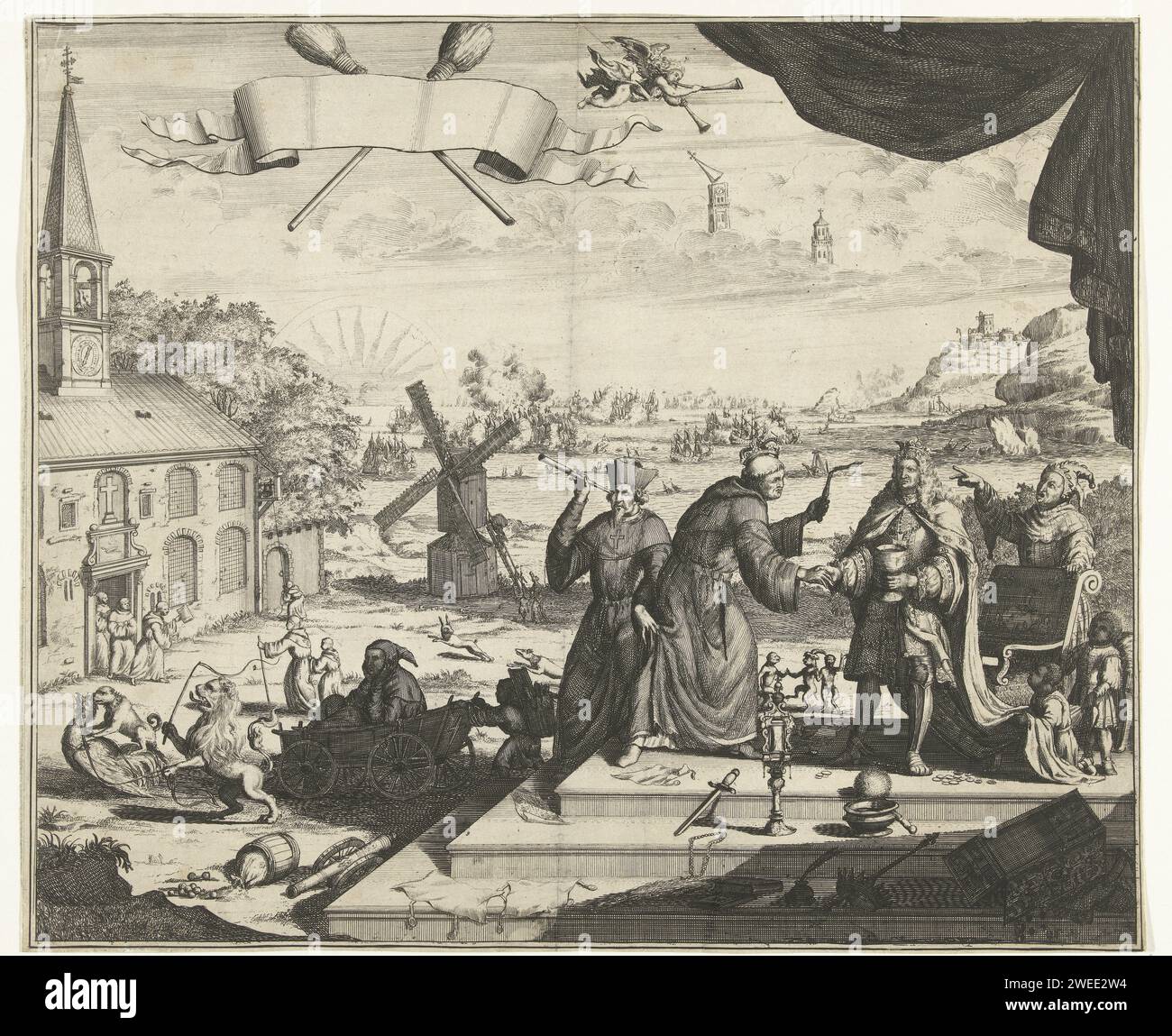 Cartoon über Jacobus II nach dem Verlust am Kap La Hogue, 1692, Anonym, 1692 Print Cartoon über den englischen König Jacobus II. Nach dem Sieg der Niederländer und Engländer über die Franzosen in der Schlacht am Kap La Hogue im Kanal, 29. Mai bis 3. Juni 1692, und auf seine Absicht, das Kloster zu betreten. Jacobus als Mönch mit gebrochener Krone und gebrochenem Zepter verabschiedet sich von König Ludwig XIV. Mit einem Abschiedsdrink. Hinter dem König und Jesuiten mit Fernglas. Links das Kloster, außerdem eine Windmühle, ein Mönch, der vom französischen Hahn in einen Wagen gezogen wurde, tanzende Affen usw. im Hintergrund die se Stockfoto