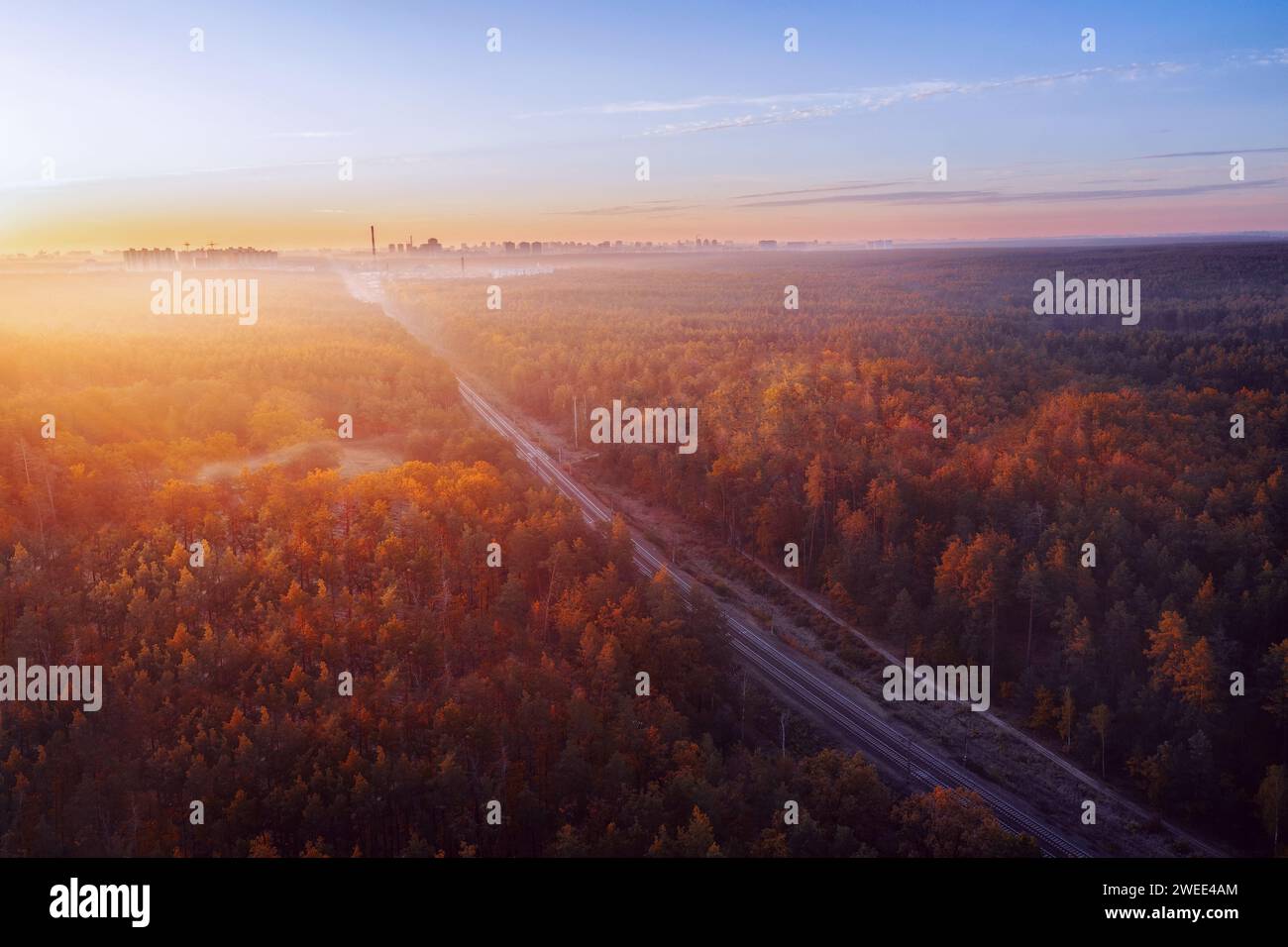 Eisenbahnstraße, die bei Sonnenaufgang durch den Herbstwald führt. Farbenfrohe Landschaft mit Eisenbahnstraße, dichtem Wald und Stadtsilhouette am Horizont in fa Stockfoto