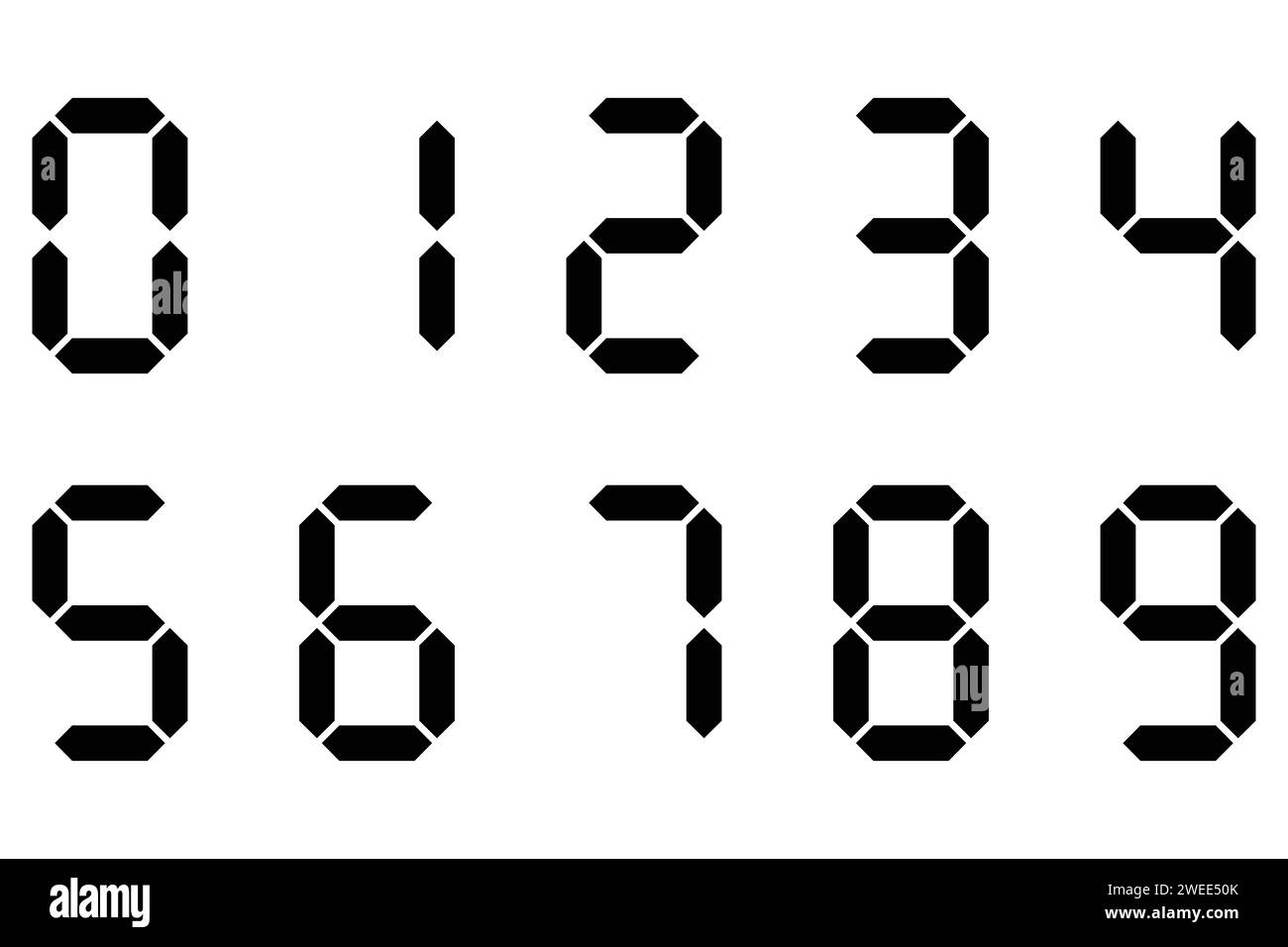 Digitale Anzeige der Ziffern. Symbolgruppe. Schwarze Zahlen, Zahlen. Anzeigetafel, Uhr, Stoppuhr, Taschenrechner, elektronisches Messgerät. Sieben Segmente. Vektorbild Stock Vektor