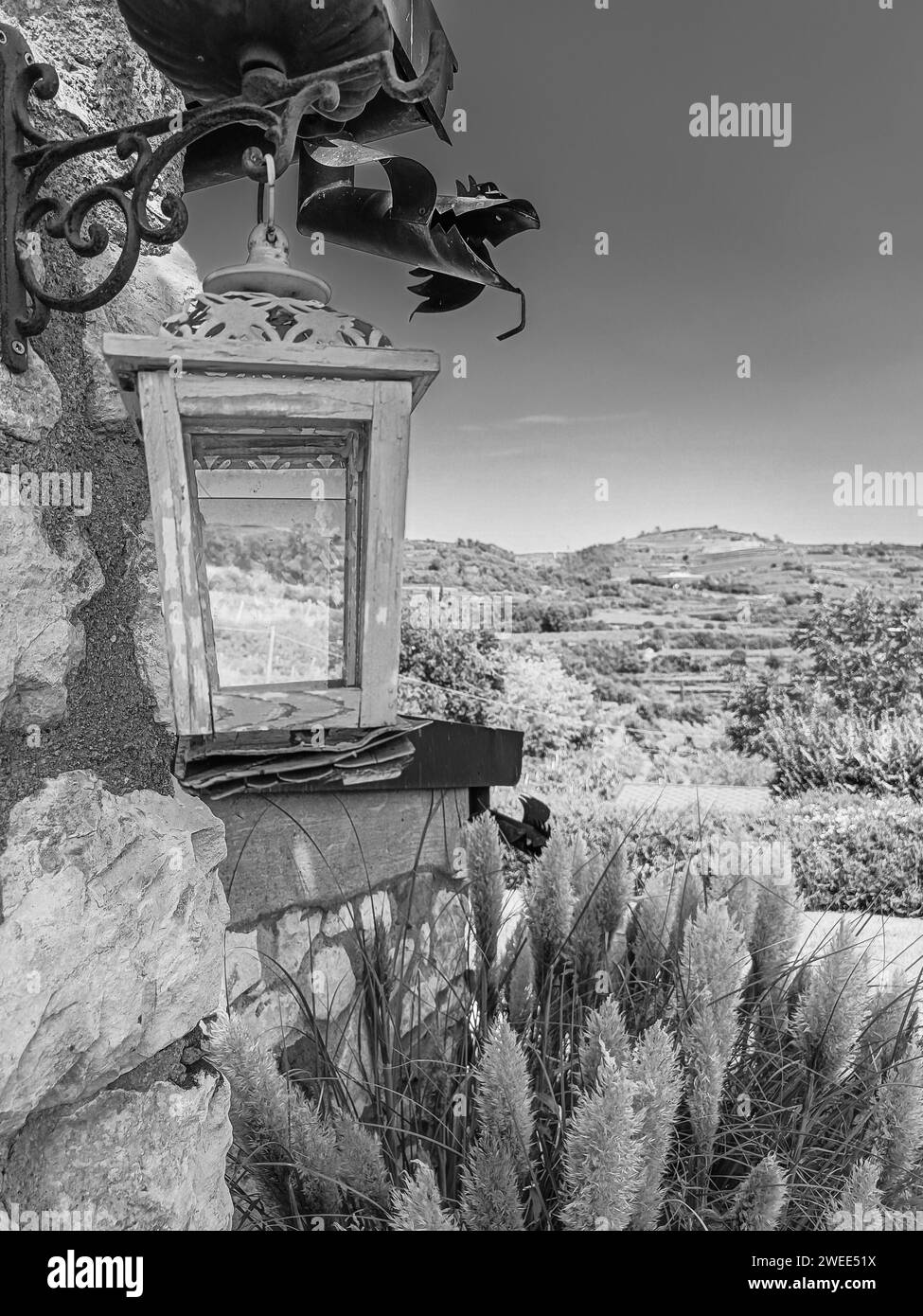 Eine alte Laterne im Vordergrund, Weinberge im Hintergrund Stockfoto