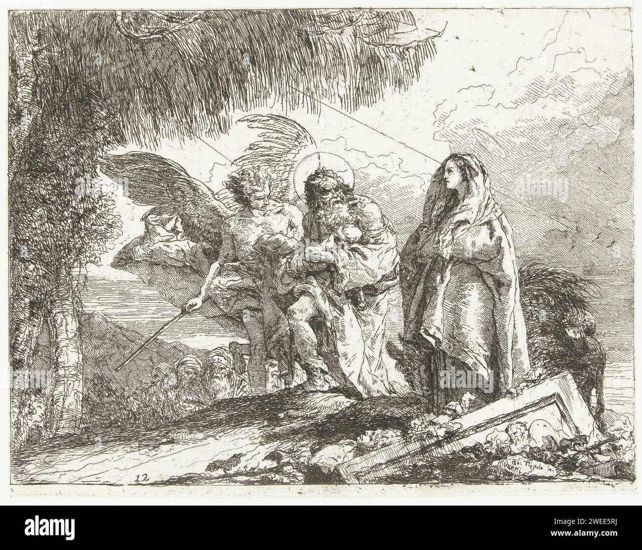 Jozef mit Kind in den Armen und Maria gehen mit Engel während des Fluges nach Ägypten, Giovanni Domenico Tiepolo, 1750 - 1753 Druckpapier ätzend Flug nach Ägypten und Wunder während der Reise Stockfoto