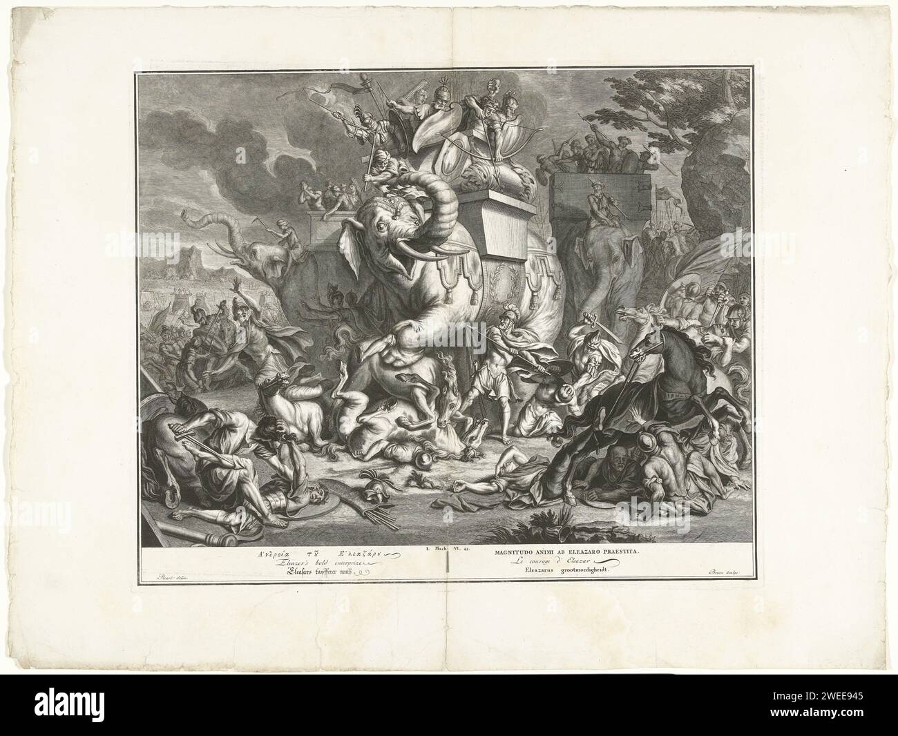 Eleazar tötet den Elefanten des Königs, Willem de Broen (möglich), nachdem Bernard Picart, 1711–1720 Druck Eleazar in der Schlacht gegen die Seleukiden starb. Er tötet den Elefanten des Königs mit einem Speer. Dann fällt der Elefant herunter und Eleazar zerquetscht. Abbildung für 1 Makk 6:43. Unter der Show ein Titel in Griechisch, Englisch, Deutsch, Lateinisch, Französisch und Niederländisch. Eleazar, Bruder von Judas Makkabeus, tötet einen Elefanten des Krieges und wird selbst getötet, als der Elefant auf ihn fällt Stockfoto