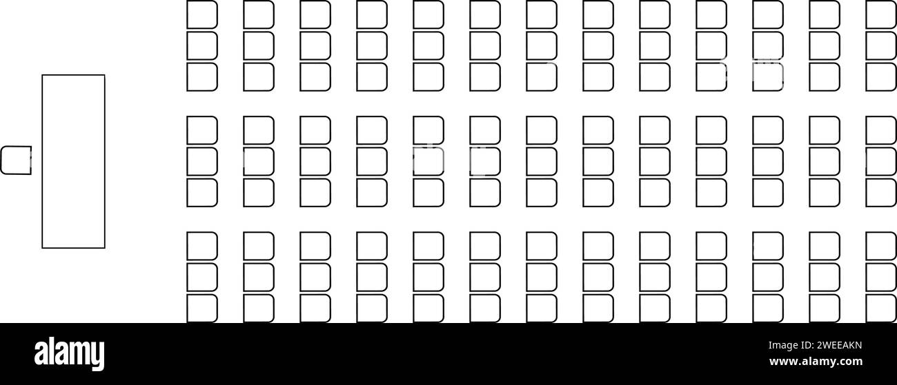 Grafische Darstellung der Sitzplätze in Vorlesungssaal, Sitzung, Konferenz, Schulung, Seminar, Geschäftsereignis. Schreibtisch und Stühle. Möbelsymbole. Auditorium Stock Vektor