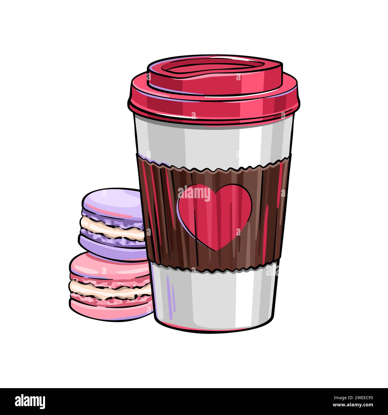 Kaffeepapierbecher zum Mitnehmen mit Herzsymbol, Kaffee zum Mitnehmen, Makronen, Nachtisch Stock Vektor