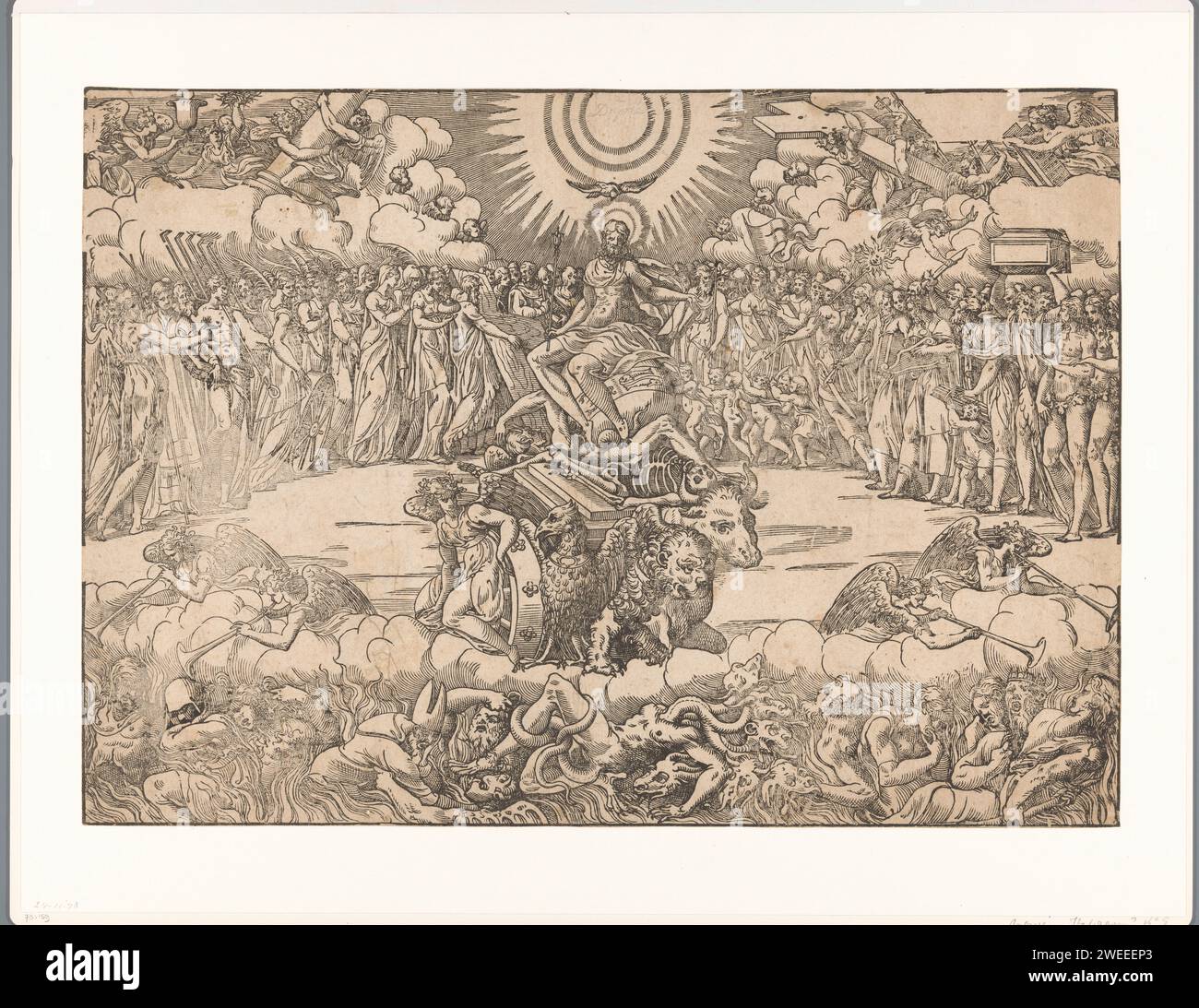 Triomf van Christus, anonym, nach Parmigianino, in oder nach 1513 Druck Christus sitzt auf einer Kugel mit den Zeichen des Tierkreiszeichens. De Bol zerschmettert den Teufel und den Tod als Skelett, das auf dem Triumphwagen Christi steht, den die vier Evangelisten in Form geflügelter Wesen gezogen haben. Hinter Christus steht eine Reihe männlicher und weiblicher Heiliger und alttestamentlicher Figuren. Auf den Grund der Verdammten, die während des letzten Gerichts zurückgezogen werden. Oben links und oben rechts Cherubies und Engel mit den Passionswerkzeugen. Italien veröffentlicht das letzte Urteil. Christus triumphiert über den Teufel. Die vier Symbole von t Stockfoto