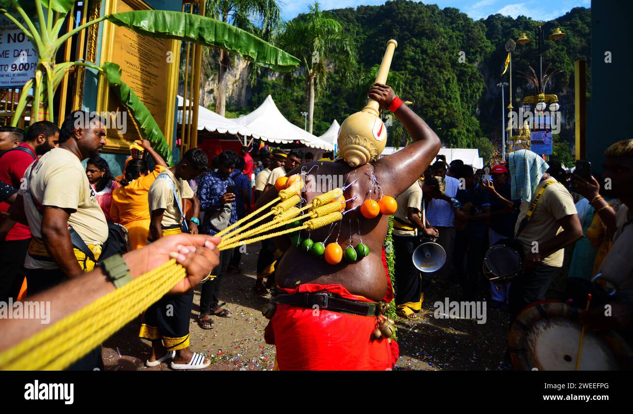 KUALA LUMPUR 25/01/2024 Thaipusam oder Thaipoosam ist ein Tamil-Hindu-Festival, das am ersten Vollmondtag des tamilischen Monats Thai gefeiert wird und mit dem Pusam-Stern zusammenfällt. Das Festival wird gefeiert, um dem Sieg des hinduistischen Gottes Murugan über den Dämon Surapadman zu gedenken. Das Festival umfasst rituelle Praktiken von Kavadi Aattam, ein zeremonieller Akt des Opfers, der eine physische Belastung trägt, um eine spirituelle Schuld auszugleichen. Die Anbeter tragen oft einen Topf Kuhmilch als Opfergabe und mortieren auch das Fleisch, indem sie die Haut und die Zunge durchstechen Stockfoto KUALA LUMPUR 25/01/2024 Thaipusam oder Thaipoosam ist ein Tamil-Hindu-Festival, das am ersten Vollmondtag des tamilischen Monats Thai gefeiert wird und mit dem Pusam-Stern zusammenfällt. Das Festival wird gefeiert, um dem Sieg des hinduistischen Gottes Murugan über den Dämon Surapadman zu gedenken. Das Festival umfasst rituelle Praktiken von Kavadi Aattam, ein zeremonieller Akt des Opfers, der eine physische Belastung trägt, um eine spirituelle Schuld auszugleichen. Die Anbeter tragen oft einen Topf Kuhmilch als Opfergabe und mortieren auch das Fleisch, indem sie die Haut und die Zunge durchstechen Stockfoto