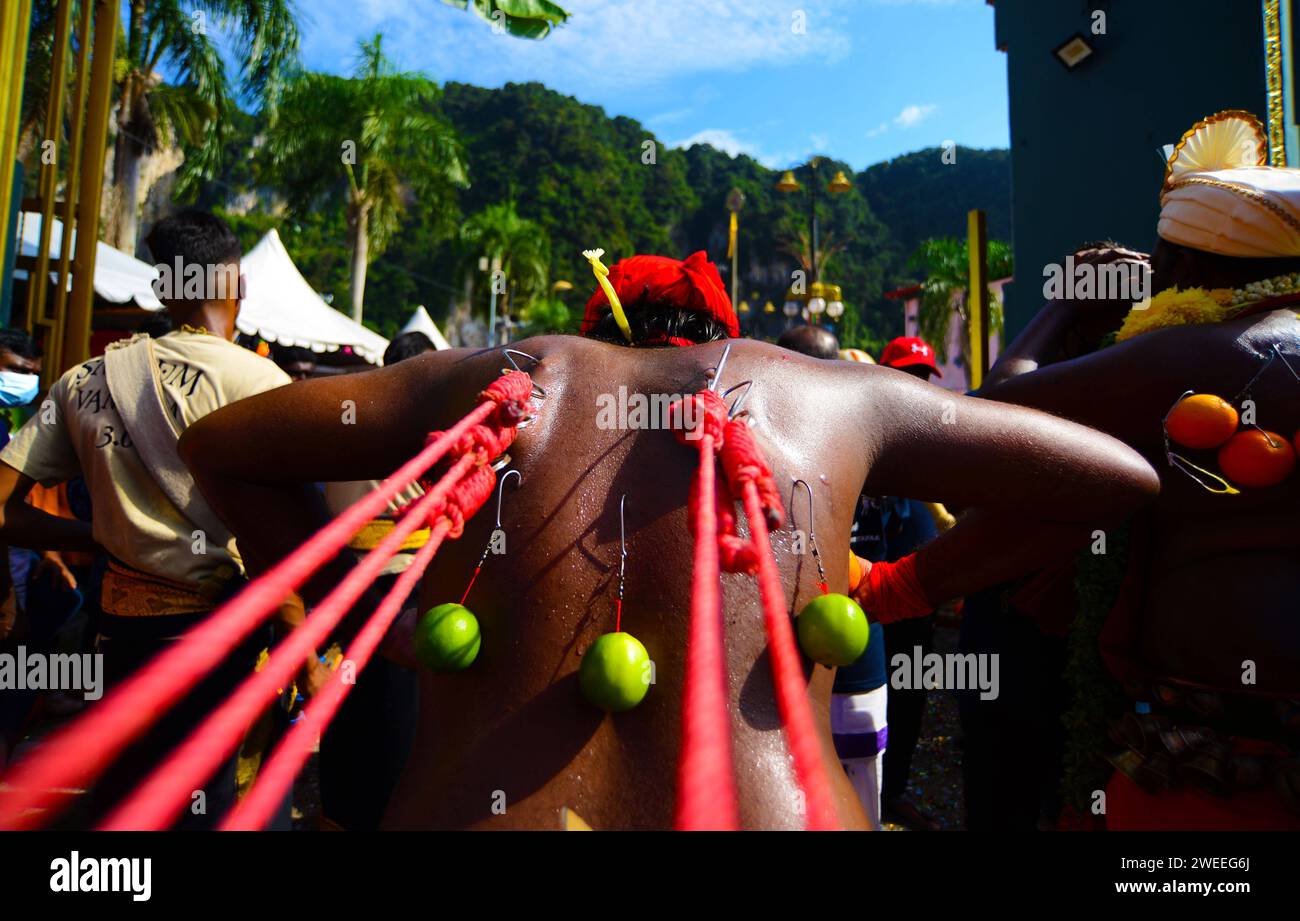 KUALA LUMPUR 25/01/2024 Thaipusam oder Thaipoosam ist ein Tamil-Hindu-Festival, das am ersten Vollmondtag des tamilischen Monats Thai gefeiert wird und mit dem Pusam-Stern zusammenfällt. Das Festival wird gefeiert, um dem Sieg des hinduistischen Gottes Murugan über den Dämon Surapadman zu gedenken. Das Festival umfasst rituelle Praktiken von Kavadi Aattam, ein zeremonieller Akt des Opfers, der eine physische Belastung trägt, um eine spirituelle Schuld auszugleichen. Die Anbeter tragen oft einen Topf Kuhmilch als Opfergabe und mortieren auch das Fleisch, indem sie die Haut und die Zunge durchstechen Stockfoto KUALA LUMPUR 25/01/2024 Thaipusam oder Thaipoosam ist ein Tamil-Hindu-Festival, das am ersten Vollmondtag des tamilischen Monats Thai gefeiert wird und mit dem Pusam-Stern zusammenfällt. Das Festival wird gefeiert, um dem Sieg des hinduistischen Gottes Murugan über den Dämon Surapadman zu gedenken. Das Festival umfasst rituelle Praktiken von Kavadi Aattam, ein zeremonieller Akt des Opfers, der eine physische Belastung trägt, um eine spirituelle Schuld auszugleichen. Die Anbeter tragen oft einen Topf Kuhmilch als Opfergabe und mortieren auch das Fleisch, indem sie die Haut und die Zunge durchstechen Stockfoto