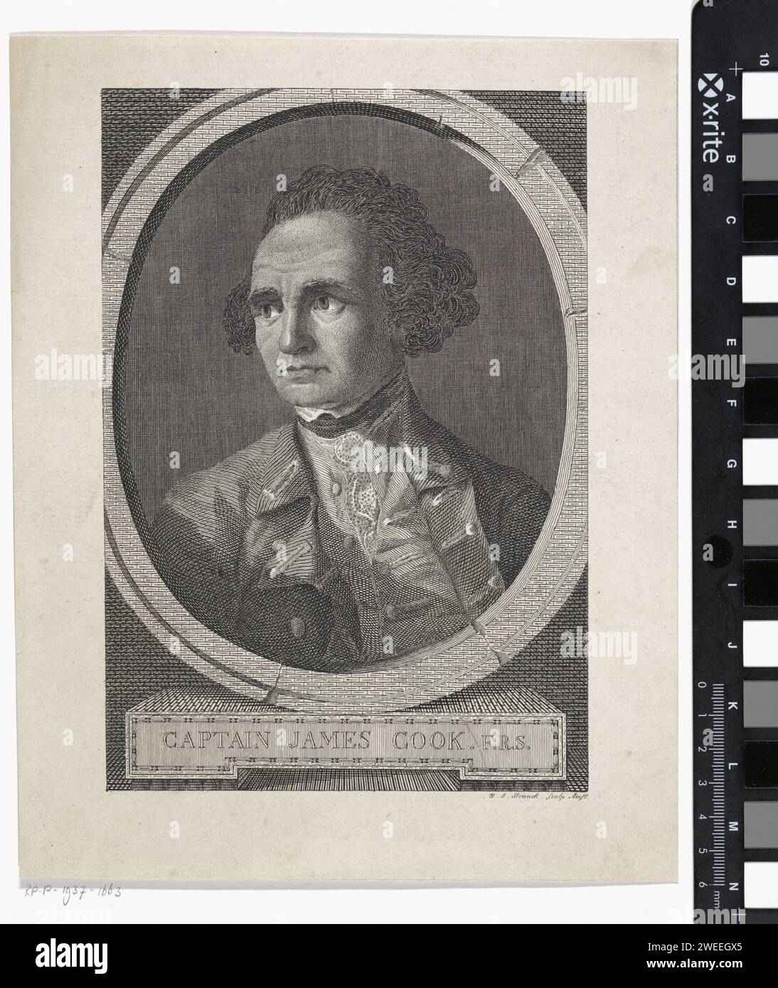Porträt von James Cook, Jacob Willem Strunck, 1781–1813 Porträt von Captain und Entdecker James Cook. Amsterdamer Papierätzung/Gravur Stockfoto
