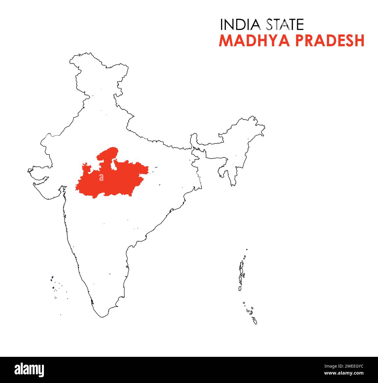Madhya Pradesh Karte des indischen Bundesstaates. Madhya Pradesh Karte Vektor Illustration. Weißer Hintergrund. Stock Vektor
